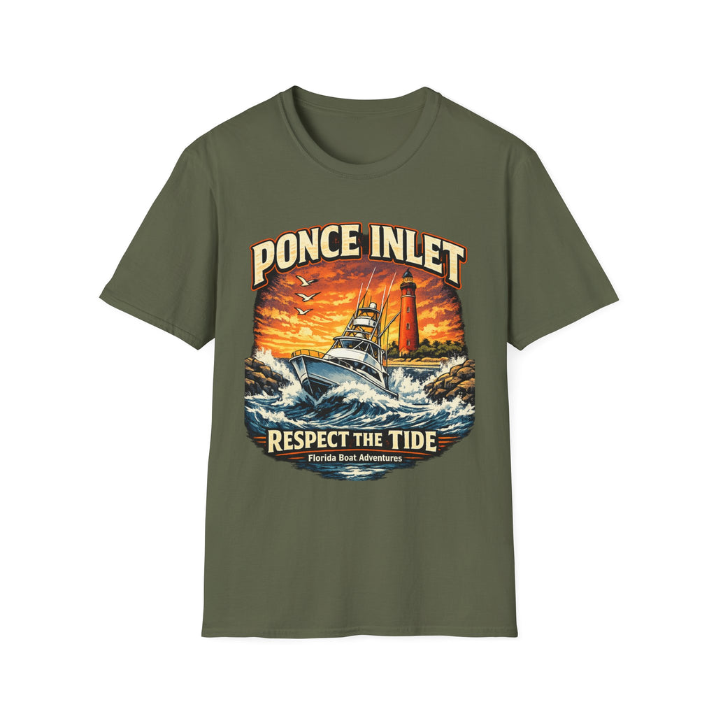 Ponce Inlet Respect the Tide Tee | Daytona Beach & New Smyrna Boating Shirt for Men | Gildan 6400 Florida T-Shirt