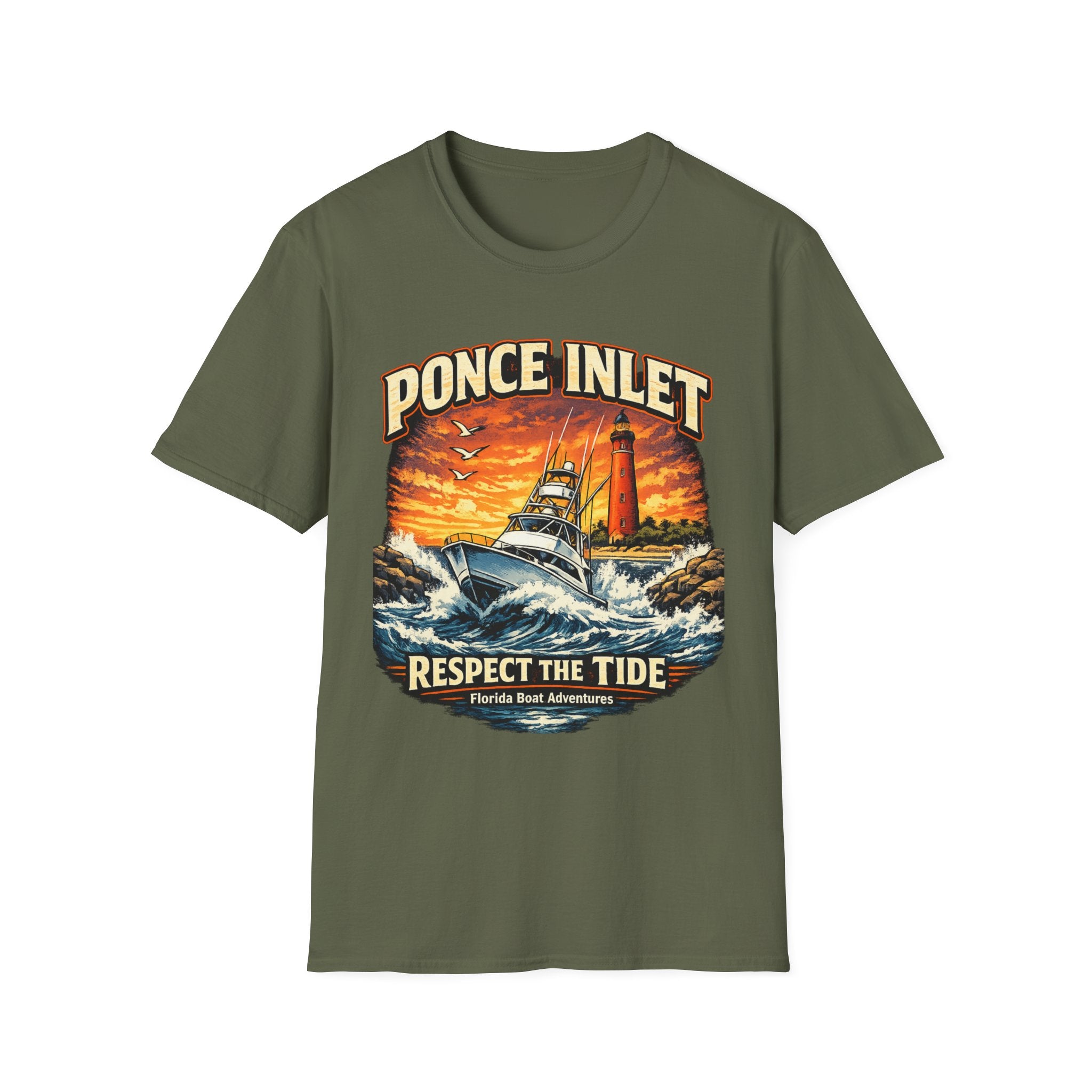 Ponce Inlet Respect the Tide Tee | Daytona Beach & New Smyrna Boating Shirt for Men | Gildan 6400 Florida T-Shirt