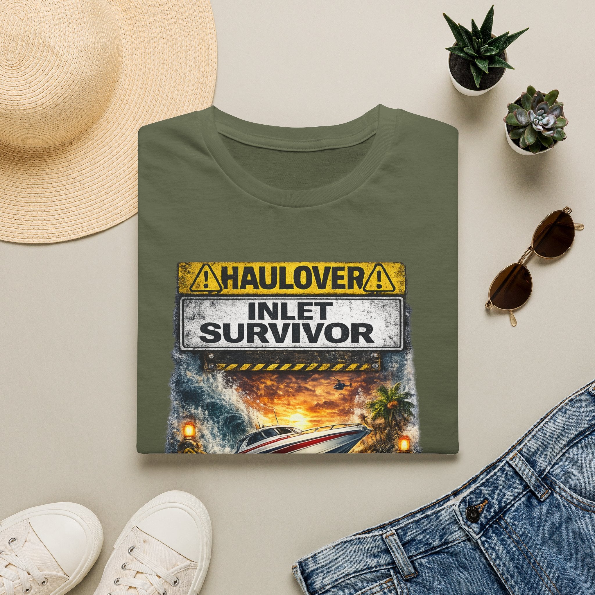 Haulover Inlet Survivor Tee | Miami Florida Boating & Offshore Fishing Shirt for Men | Gildan 6400 South Florida Inlet T-Shirt