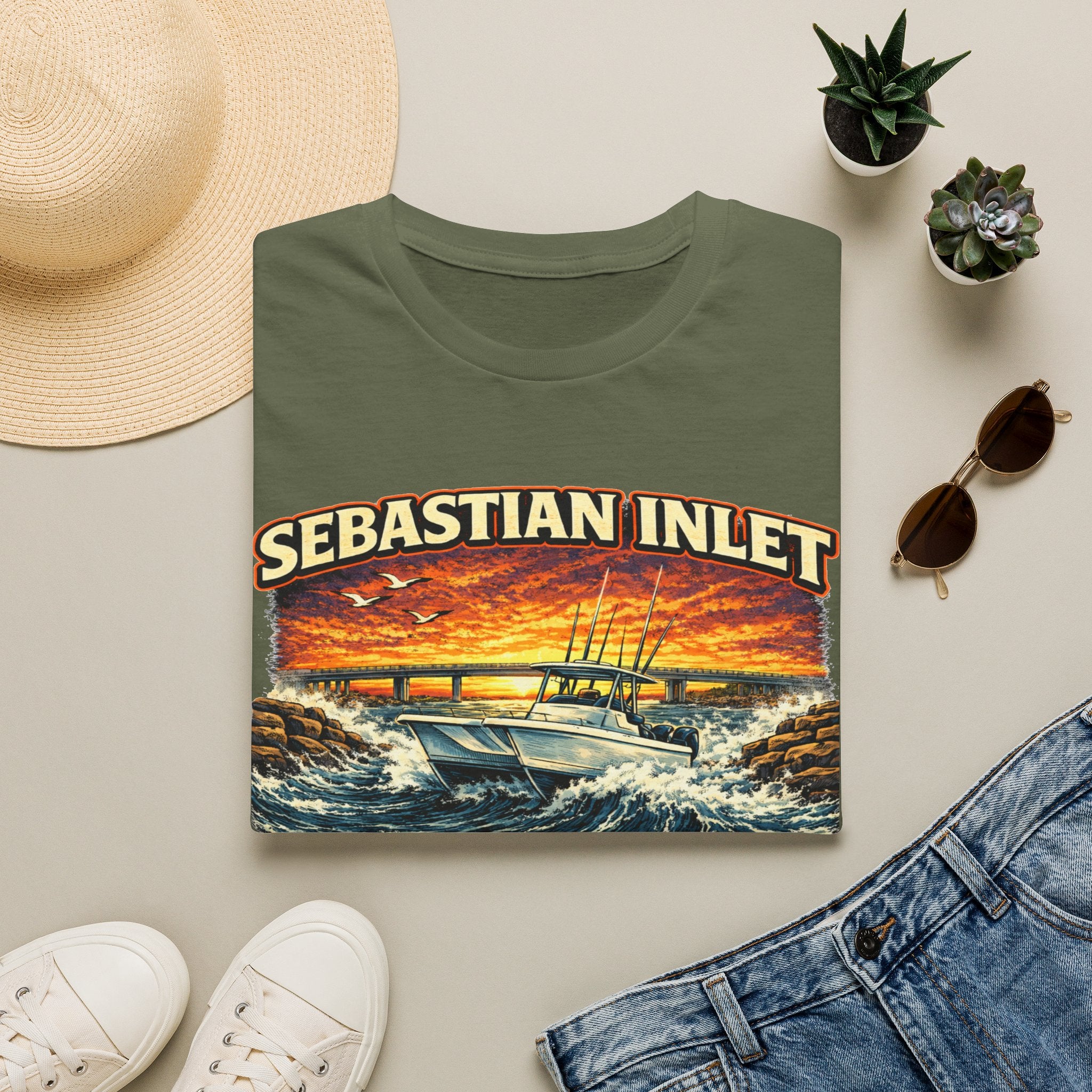 Sebastian Inlet Respect the Outgoing Tee | Florida Fishing & Boating Shirt for Men | Gildan 6400 Space Coast T-Shirt