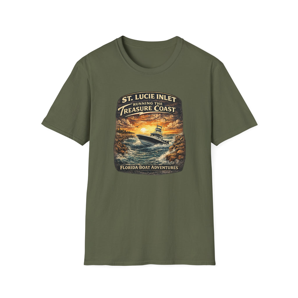 St. Lucie Inlet Adventure Begins Tee | Stuart Florida Boating & Offshore Fishing Shirt for Men | Gildan 6400 T-Shirt