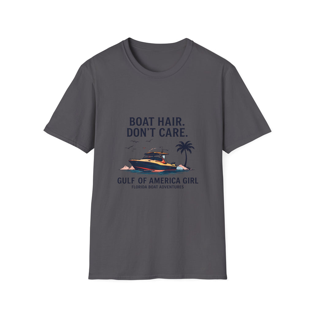 Boat Hair Don't Care Tee | Gulf of America Girl | Florida Boat Adventures Boating Shirt for Women | Gildan 6400 T-Shirt