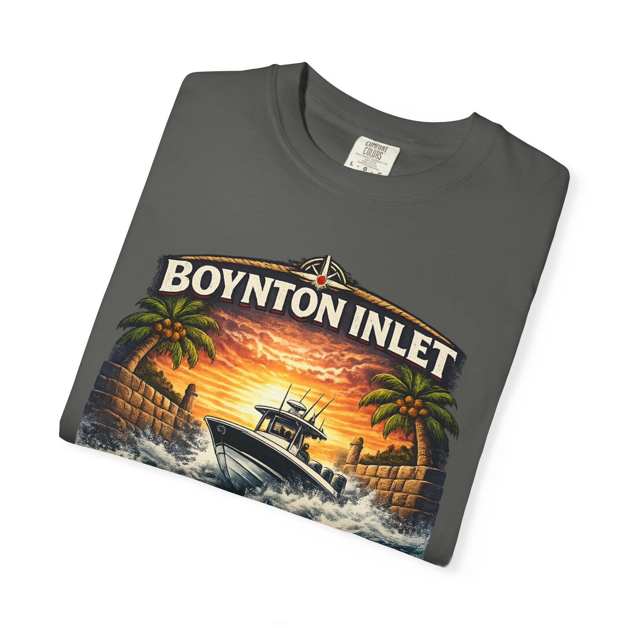 Boynton Inlet Respect the Current Tee | Boynton Beach Florida Boating & Offshore Fishing Shirt for Men | Comfort Colors 1717 Inlet Captain T-Shirt