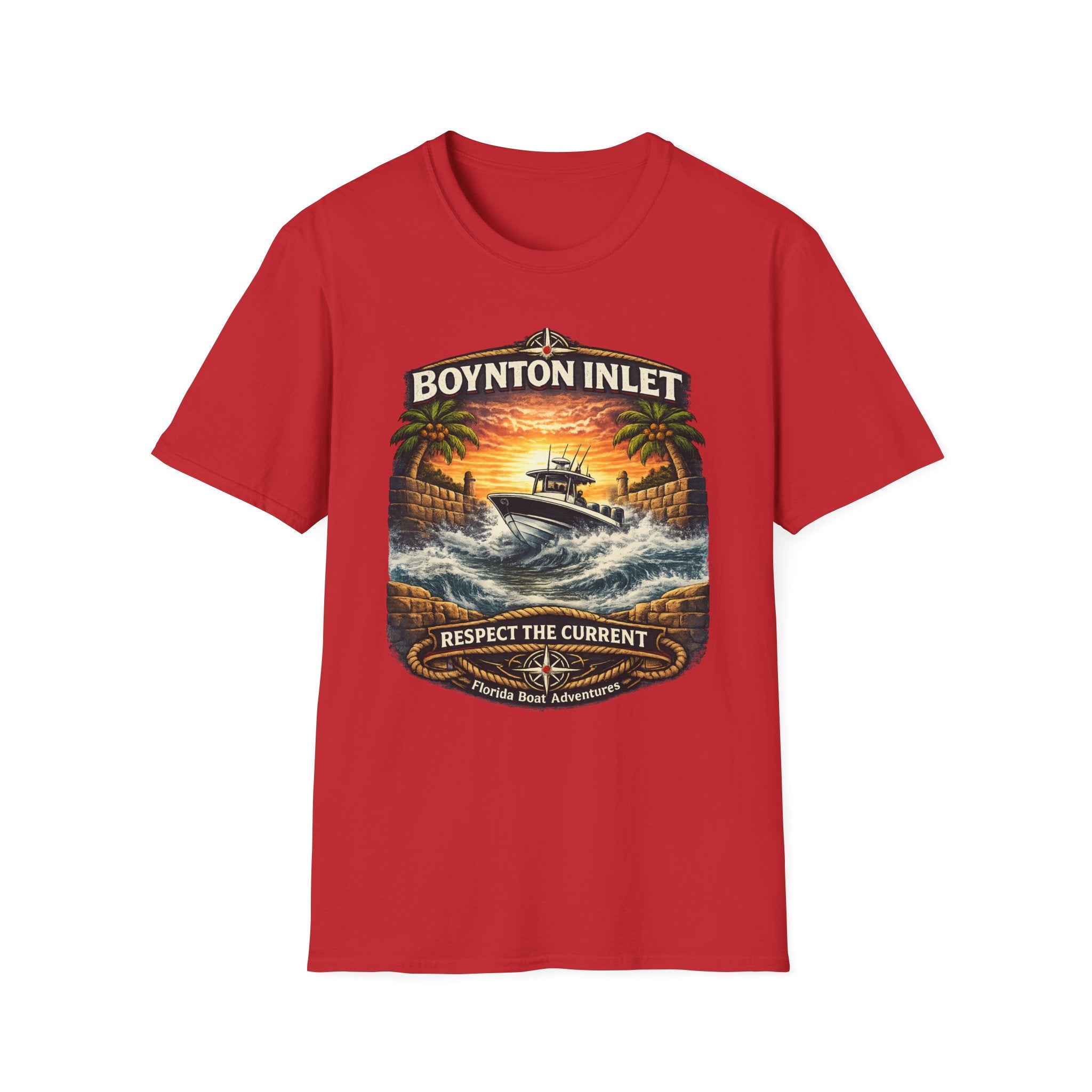 Boynton Inlet Respect the Current Tee | Boynton Beach Florida Boating & Offshore Fishing Shirt for Men | Gildan 6400 T-Shirt