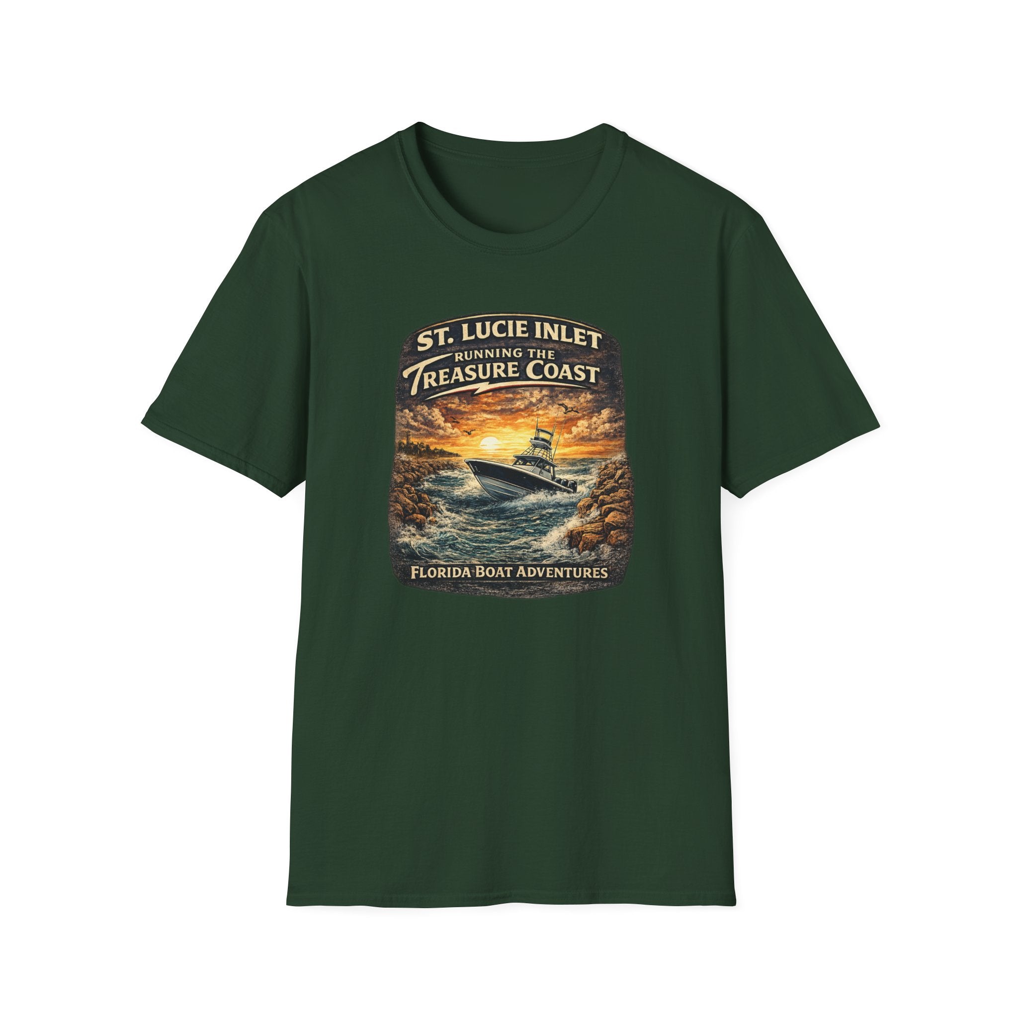 St. Lucie Inlet Adventure Begins Tee | Stuart Florida Boating & Offshore Fishing Shirt for Men | Gildan 6400 T-Shirt
