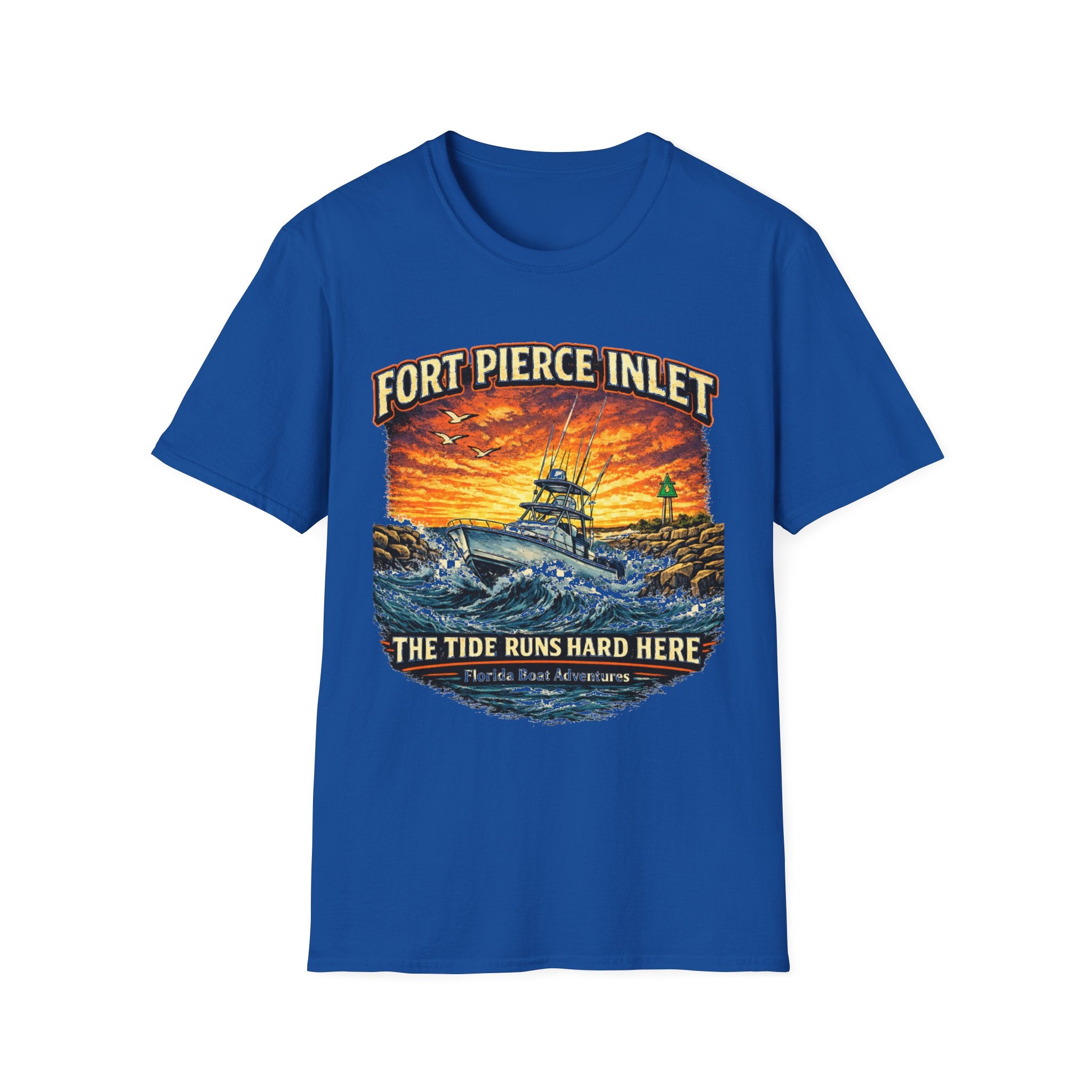 Fort Pierce Inlet Respect the Current Tee | Treasure Coast Florida Boating & Fishing Shirt for Men | Gildan 6400 T-Shirt