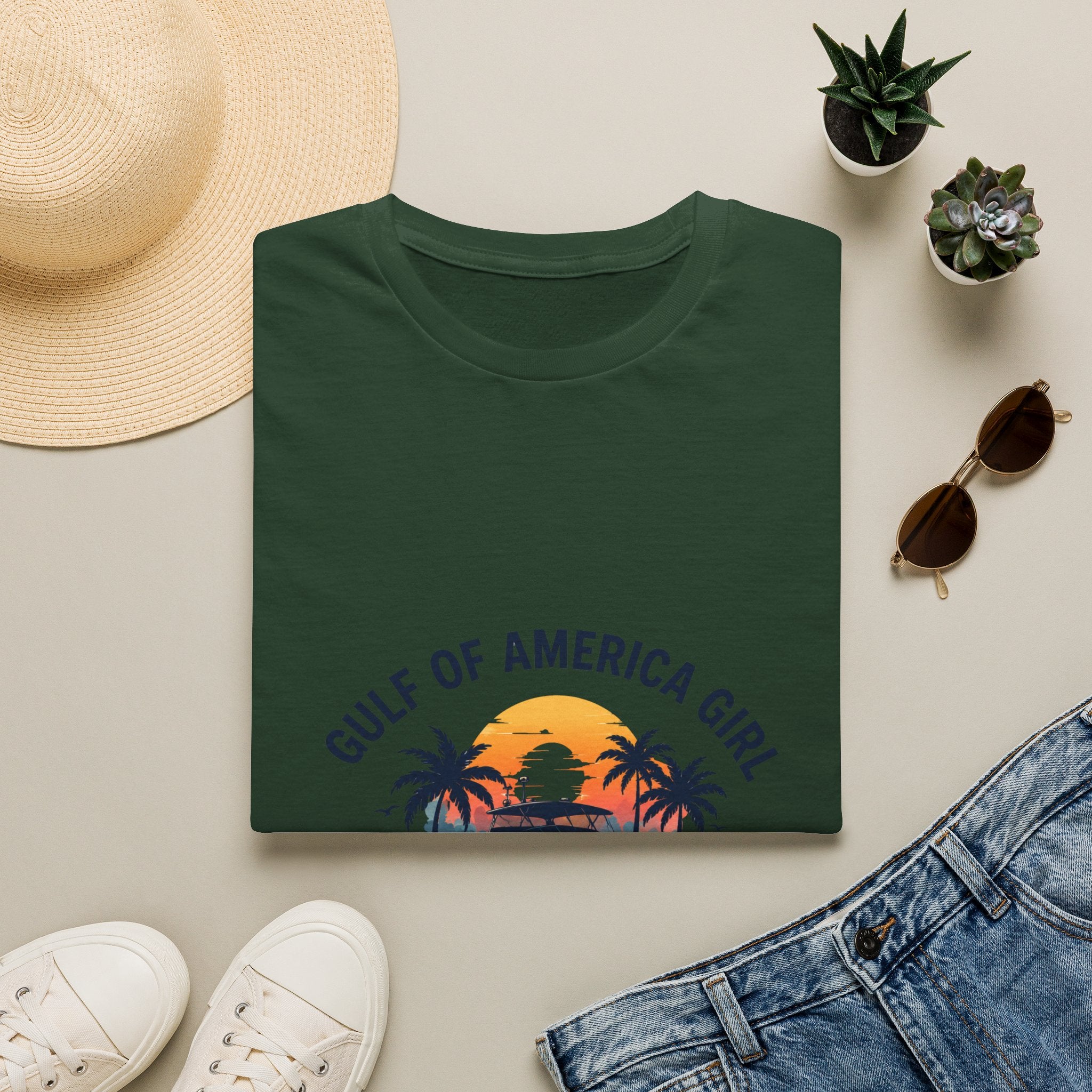 Gulf of America Girl Sunset Tee | Florida Boat Adventures Boating Shirt for Women | Gildan 6400 T-Shirt