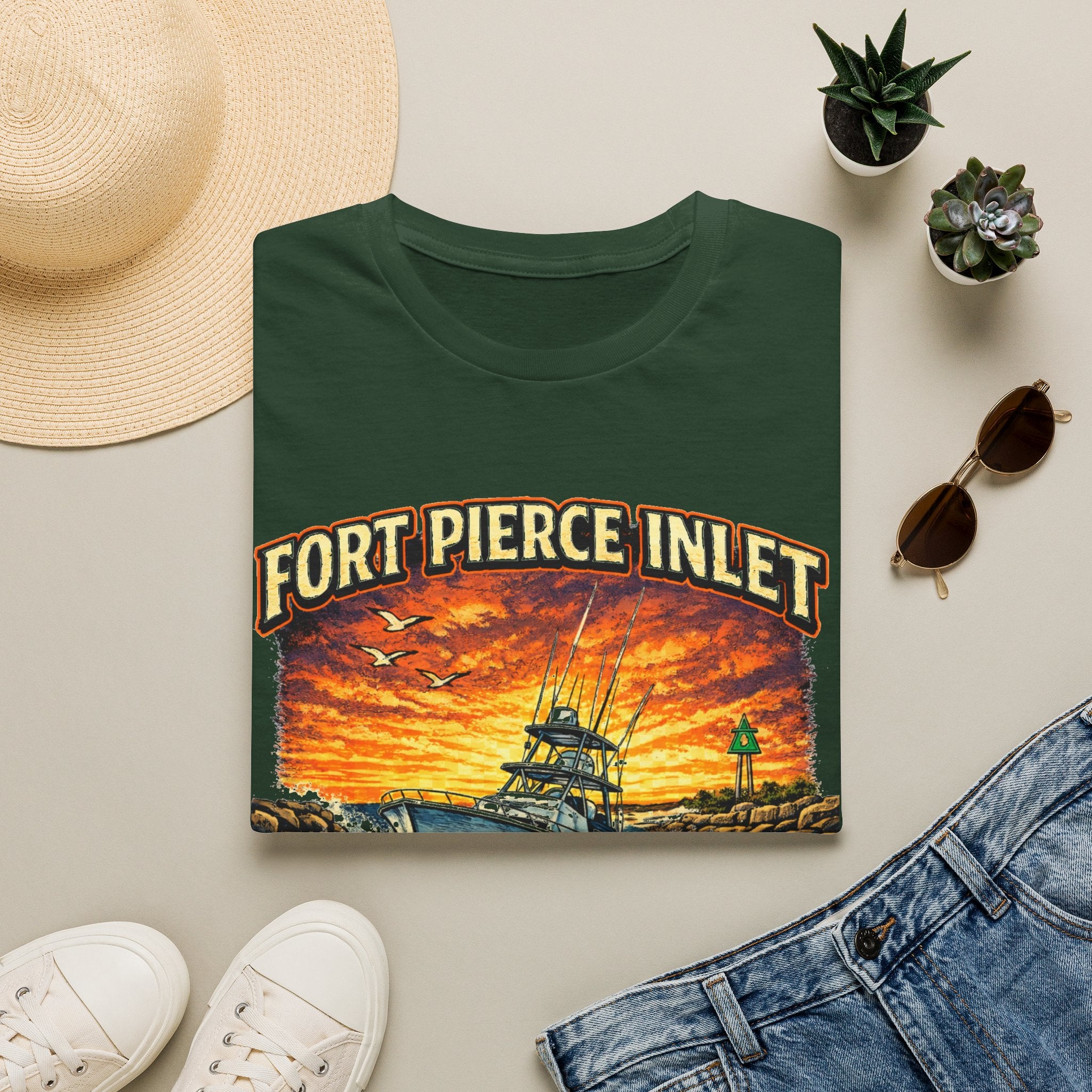 Fort Pierce Inlet Respect the Current Tee | Treasure Coast Florida Boating & Fishing Shirt for Men | Gildan 6400 T-Shirt