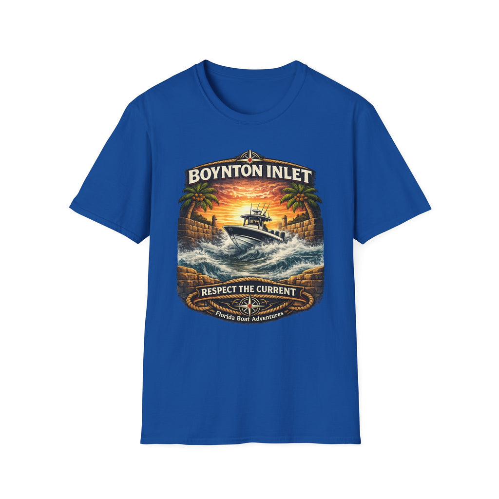 Boynton Inlet Respect the Current Tee | Boynton Beach Florida Boating & Offshore Fishing Shirt for Men | Gildan 6400 T-Shirt