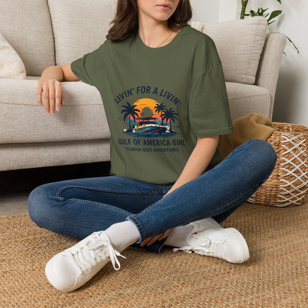 Livin' For A Livin' Tee | Gulf of America Girl | Florida Boat Adventures Boating Shirt for Women | Gildan 6400 T-Shirt