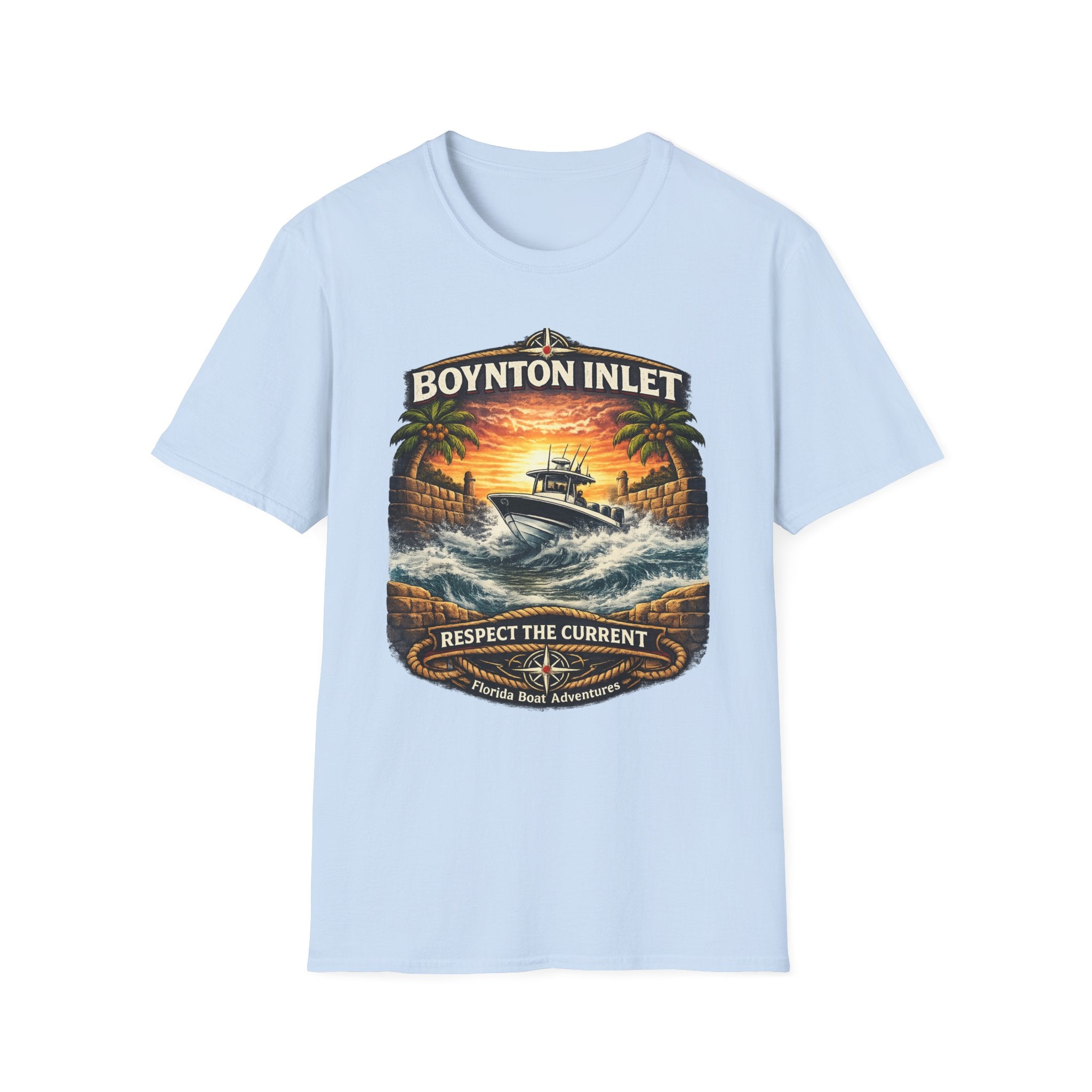 Boynton Inlet Respect the Current Tee | Boynton Beach Florida Boating & Offshore Fishing Shirt for Men | Gildan 6400 T-Shirt