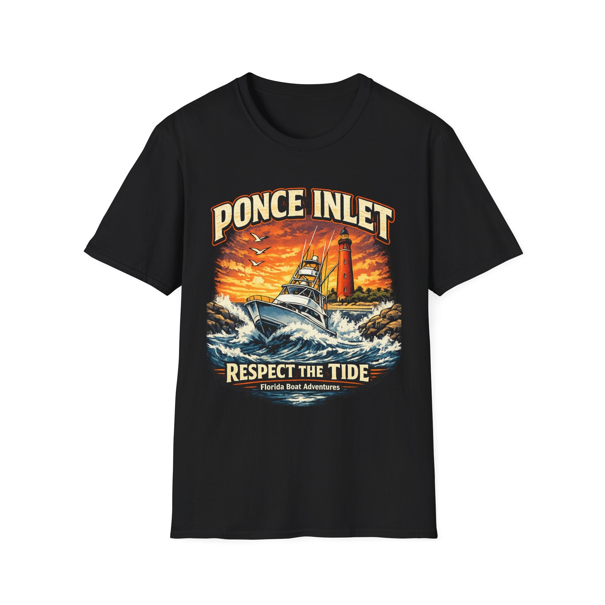 Ponce Inlet Respect the Tide Tee | Daytona Beach & New Smyrna Boating Shirt for Men | Gildan 6400 Florida T-Shirt