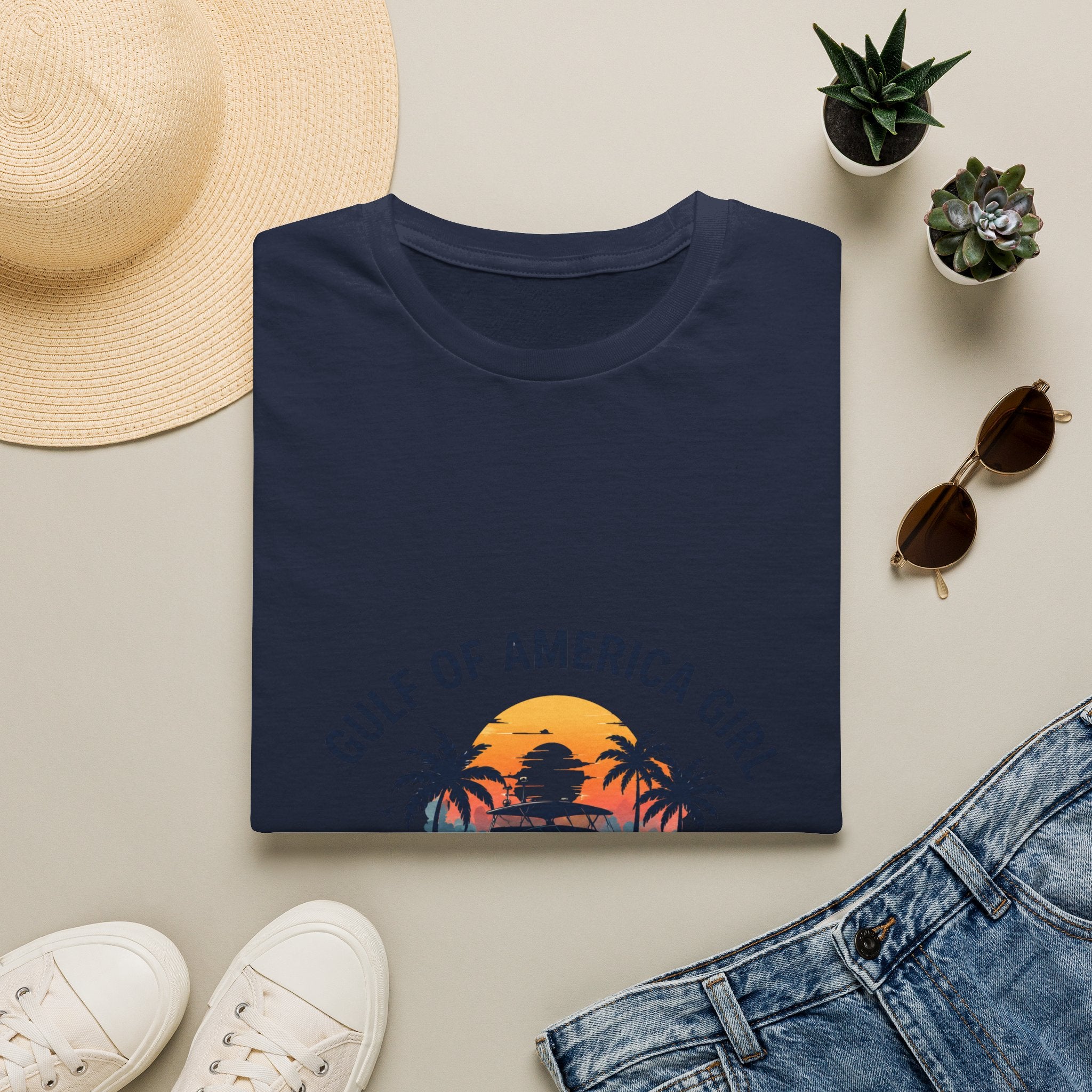 Gulf of America Girl Sunset Tee | Florida Boat Adventures Boating Shirt for Women | Gildan 6400 T-Shirt