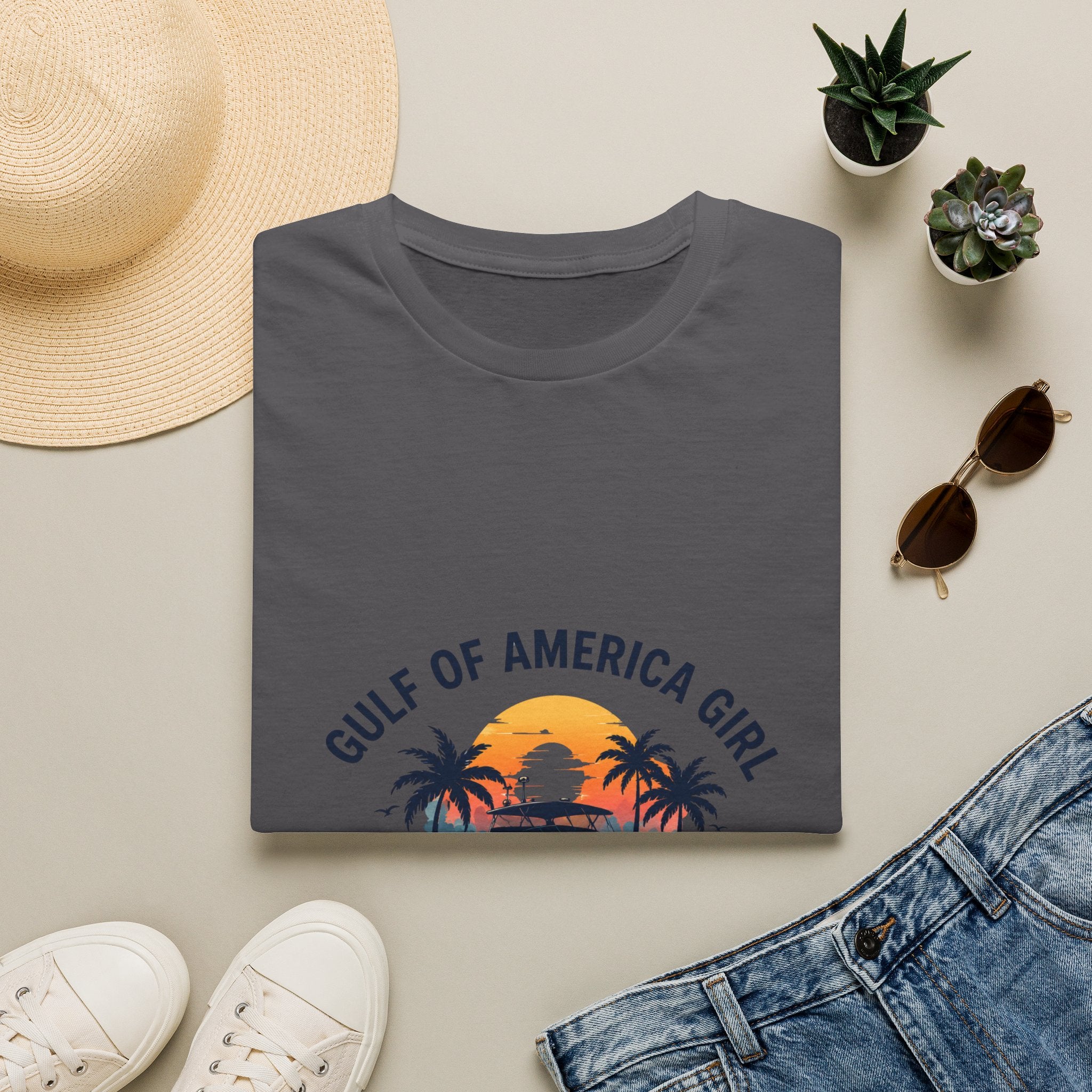 Gulf of America Girl Sunset Tee | Florida Boat Adventures Boating Shirt for Women | Gildan 6400 T-Shirt