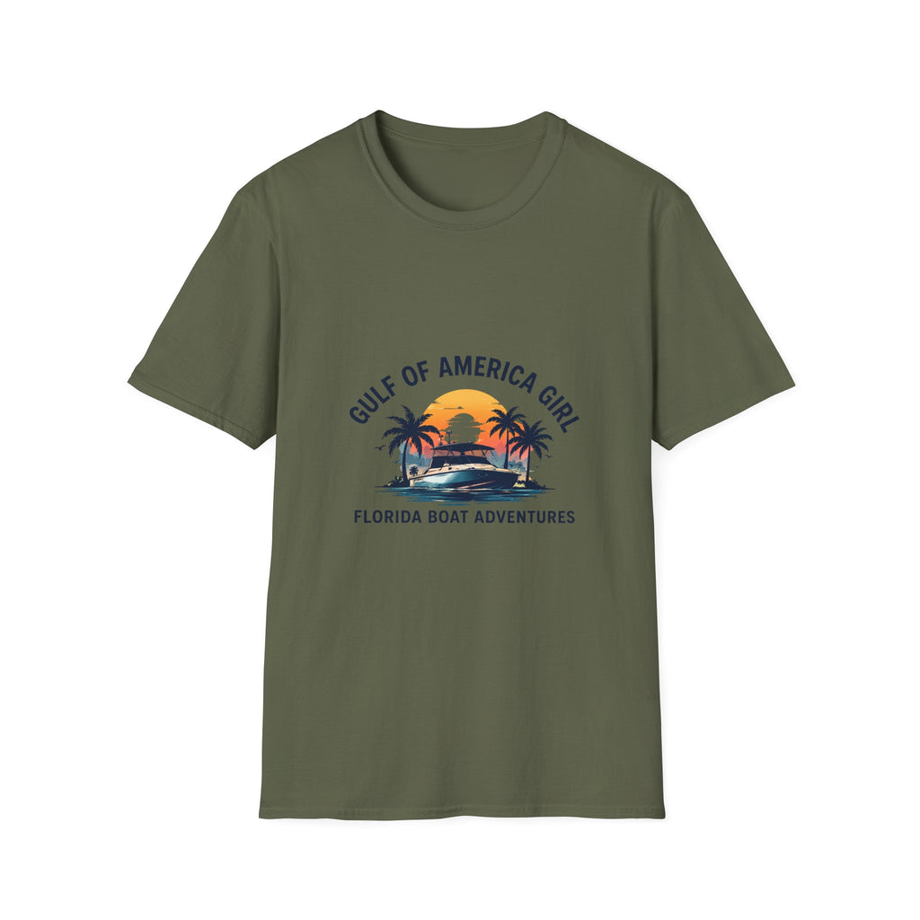 Gulf of America Girl Sunset Tee | Florida Boat Adventures Boating Shirt for Women | Gildan 6400 T-Shirt