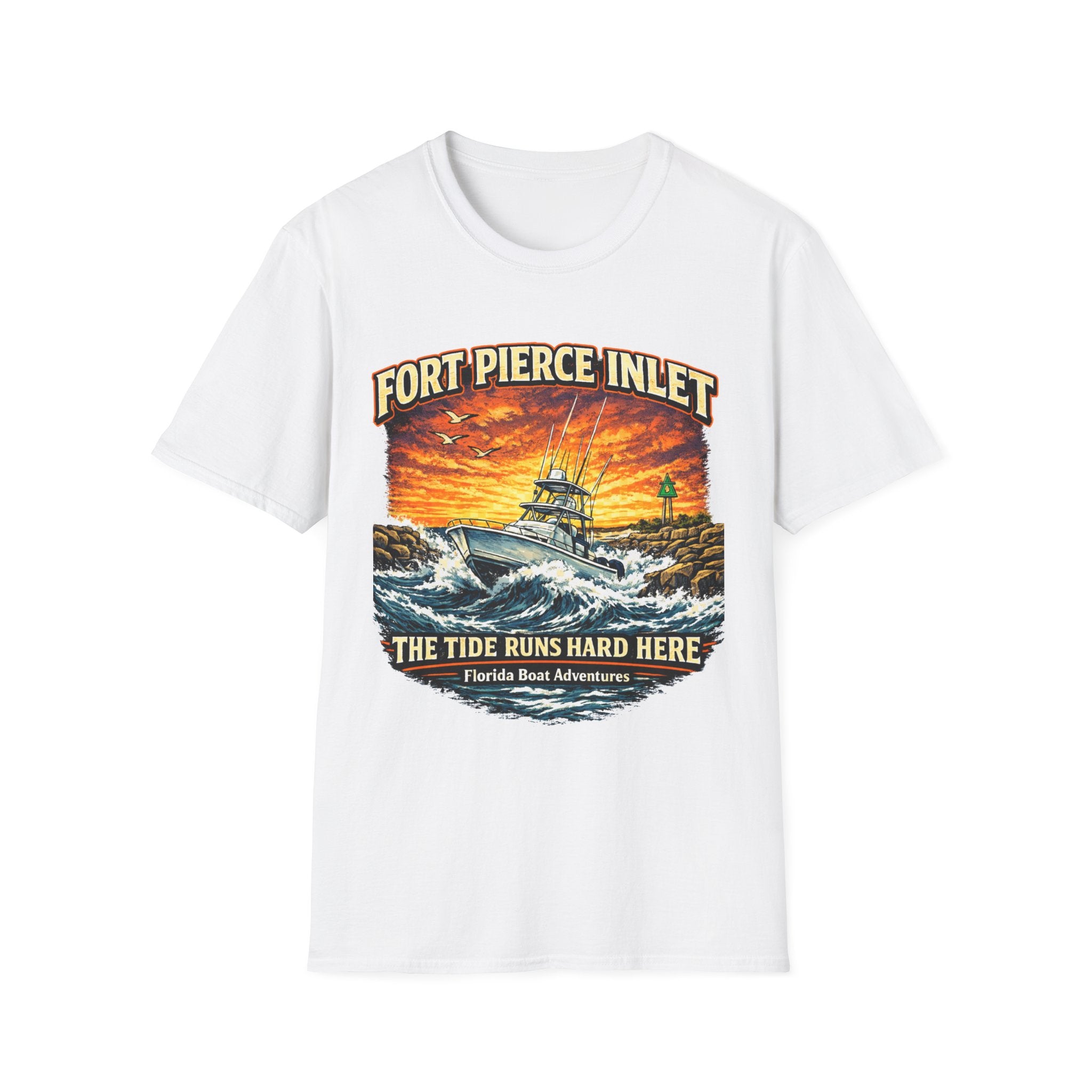 Fort Pierce Inlet Respect the Current Tee | Treasure Coast Florida Boating & Fishing Shirt for Men | Gildan 6400 T-Shirt