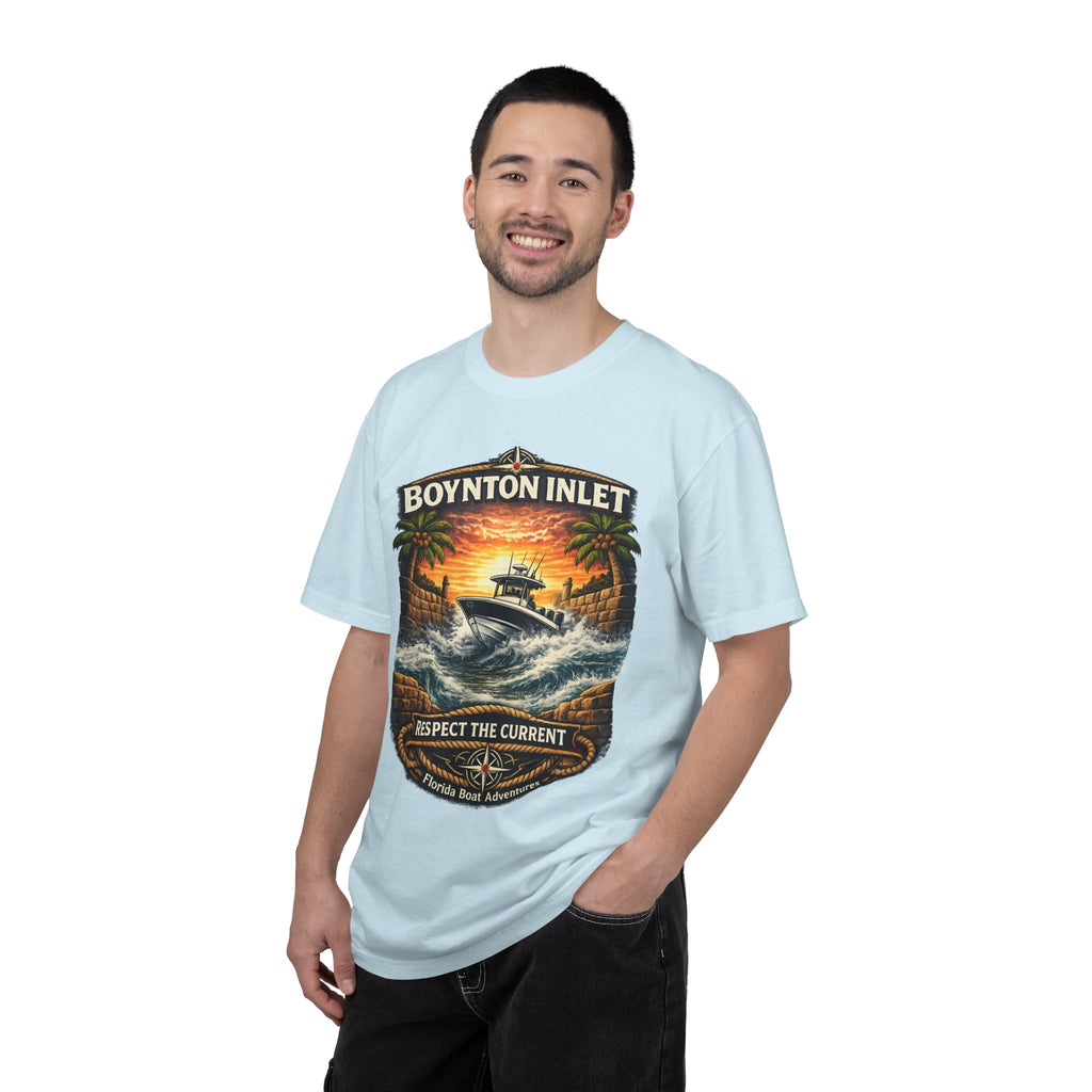 Boynton Inlet Respect the Current Tee | Boynton Beach Florida Boating & Offshore Fishing Shirt for Men | Comfort Colors 1717 Inlet Captain T-Shirt