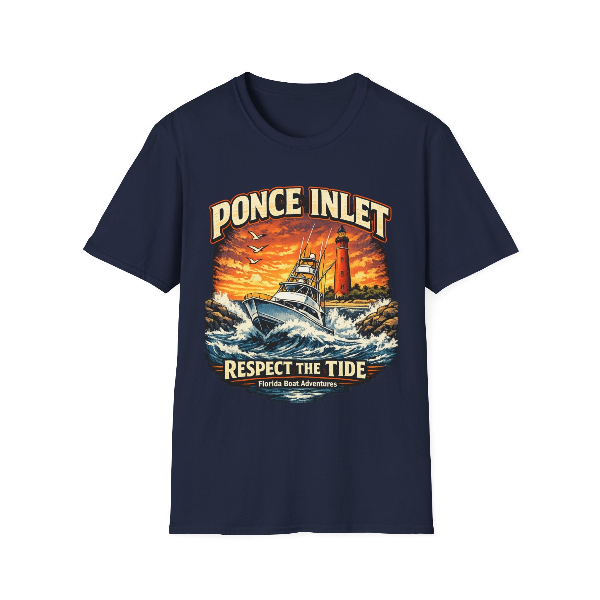 Ponce Inlet Respect the Tide Tee | Daytona Beach & New Smyrna Boating Shirt for Men | Gildan 6400 Florida T-Shirt
