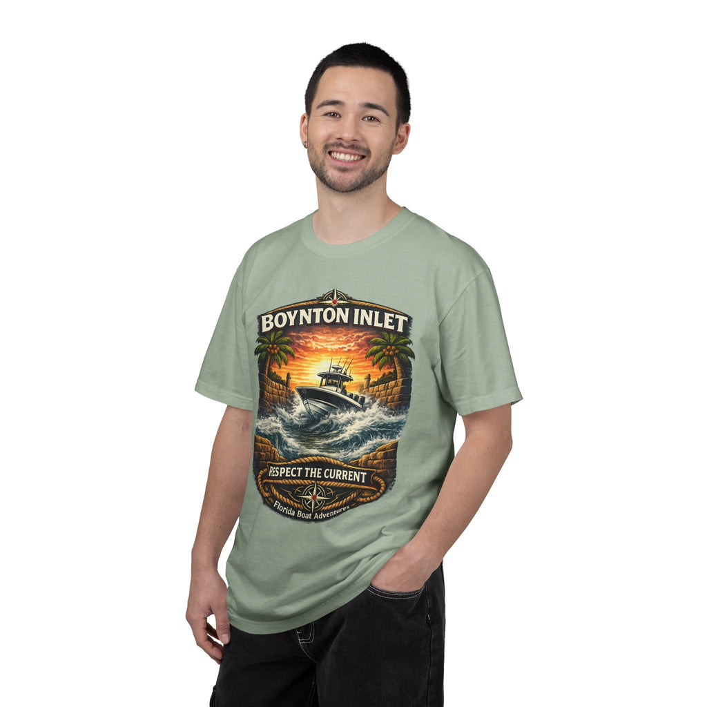 Boynton Inlet Respect the Current Tee | Boynton Beach Florida Boating & Offshore Fishing Shirt for Men | Comfort Colors 1717 Inlet Captain T-Shirt