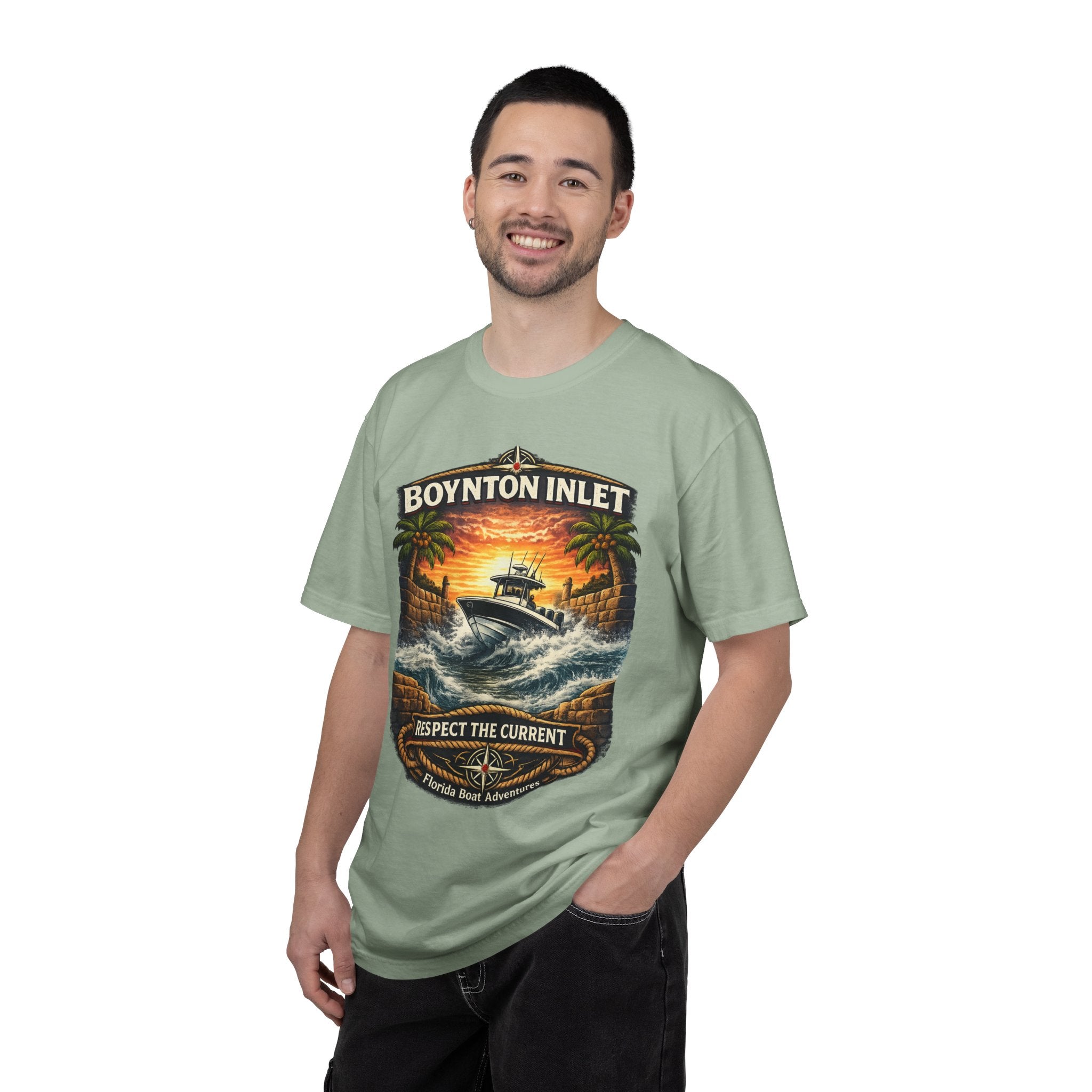 Boynton Inlet Respect the Current Tee | Boynton Beach Florida Boating & Offshore Fishing Shirt for Men | Comfort Colors 1717 Inlet Captain T-Shirt
