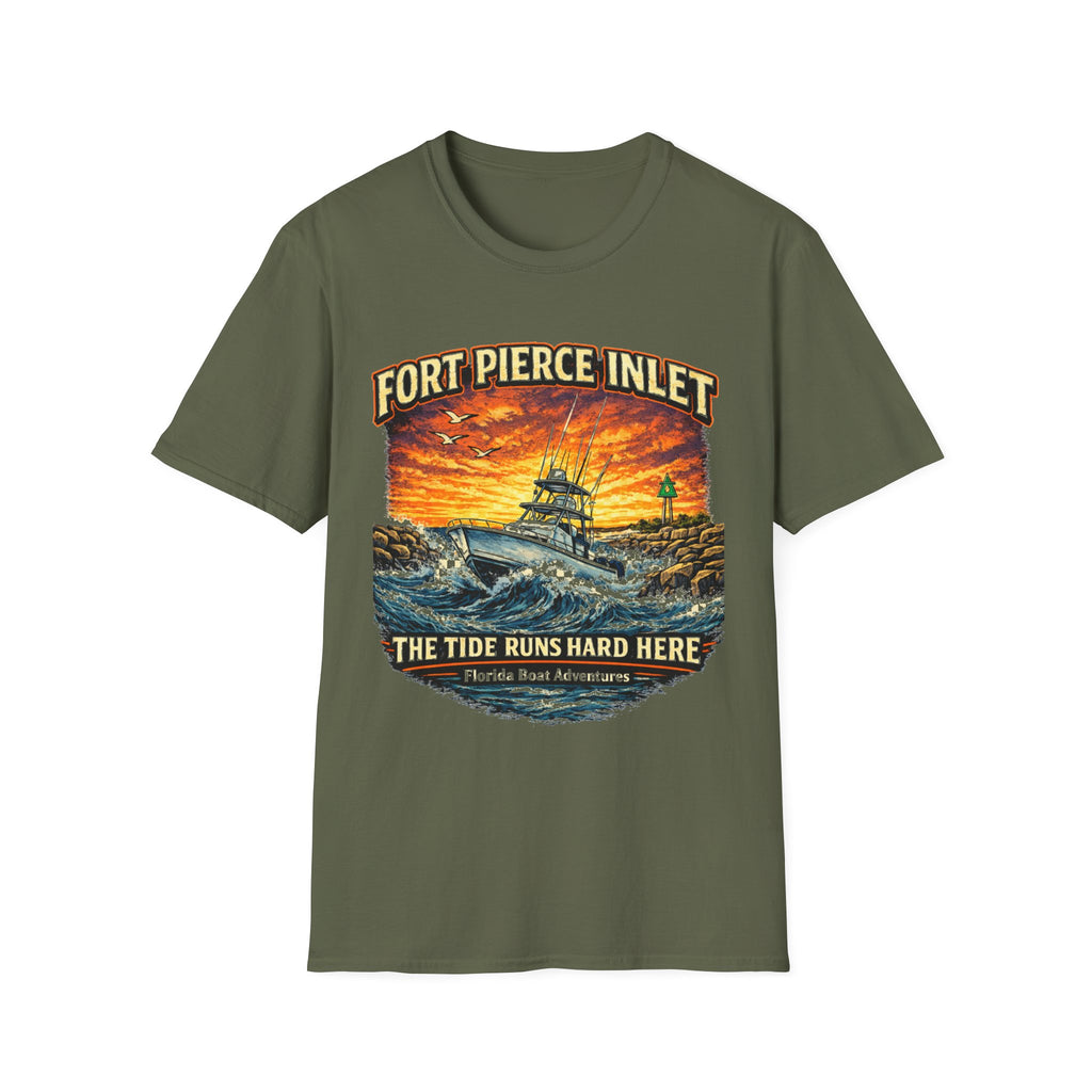 Fort Pierce Inlet Respect the Current Tee | Treasure Coast Florida Boating & Fishing Shirt for Men | Gildan 6400 T-Shirt