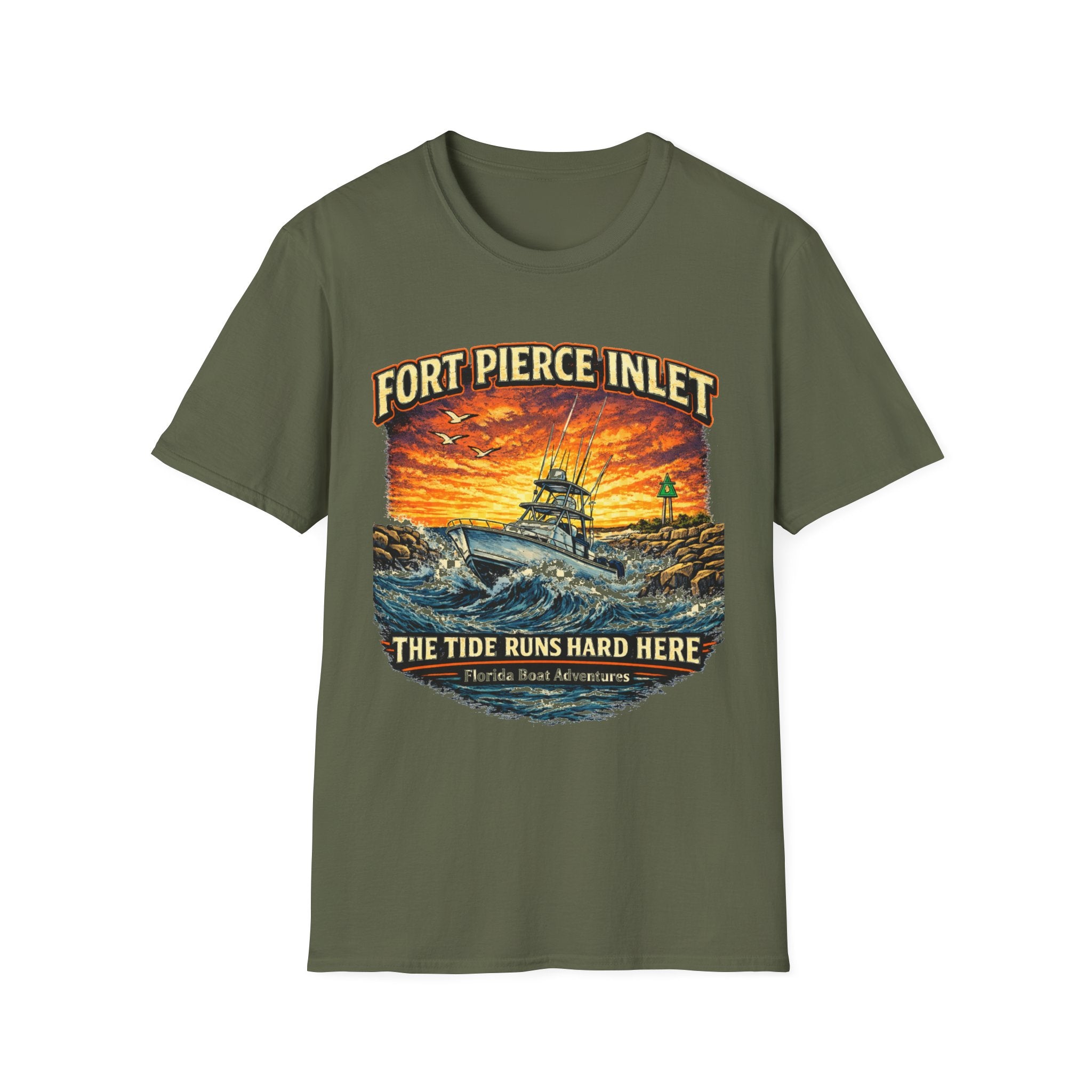 Fort Pierce Inlet Respect the Current Tee | Treasure Coast Florida Boating & Fishing Shirt for Men | Gildan 6400 T-Shirt