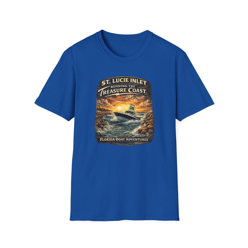 St. Lucie Inlet Adventure Begins Tee | Stuart Florida Boating & Offshore Fishing Shirt for Men | Gildan 6400 T-Shirt