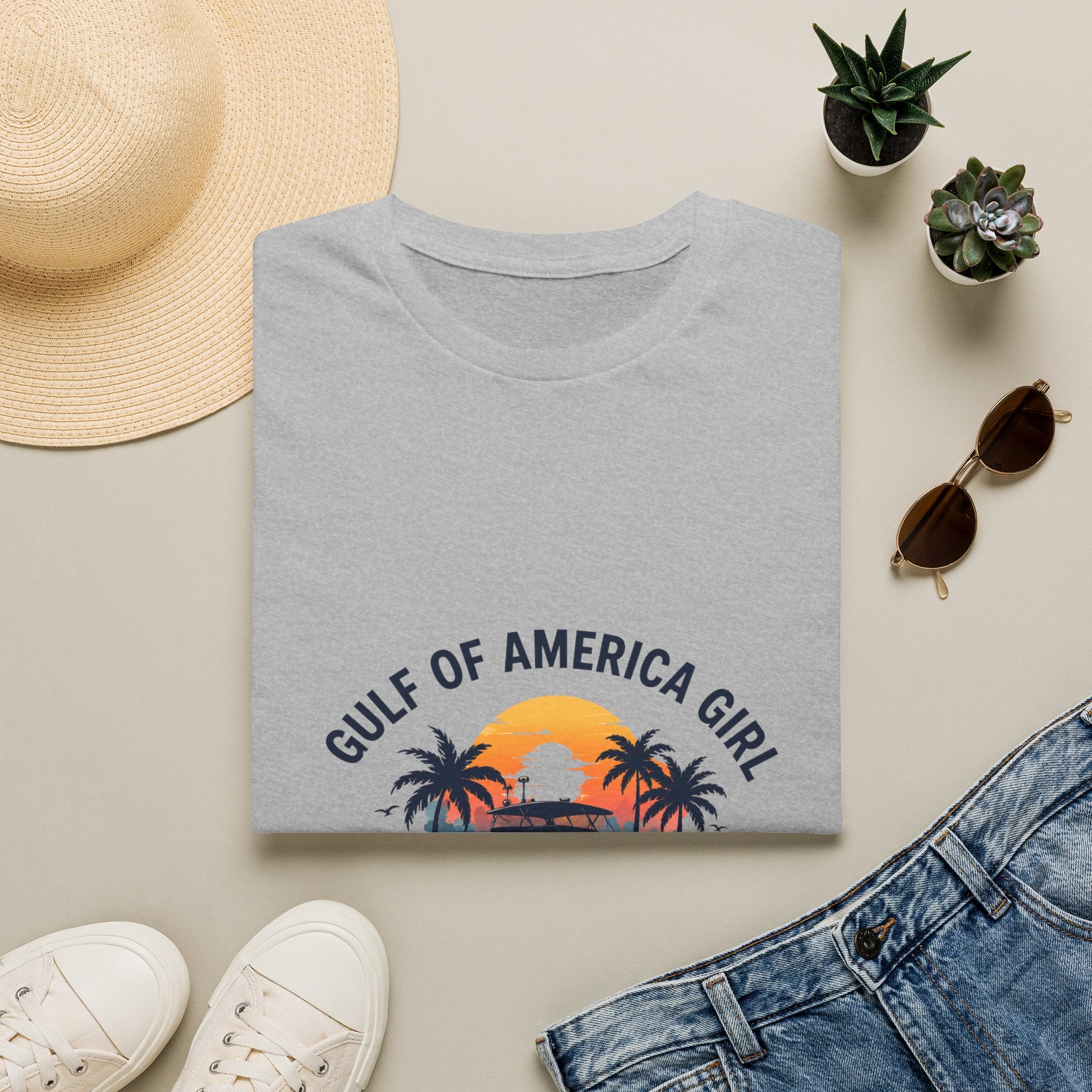 Gulf of America Girl Sunset Tee | Florida Boat Adventures Boating Shirt for Women | Gildan 6400 T-Shirt