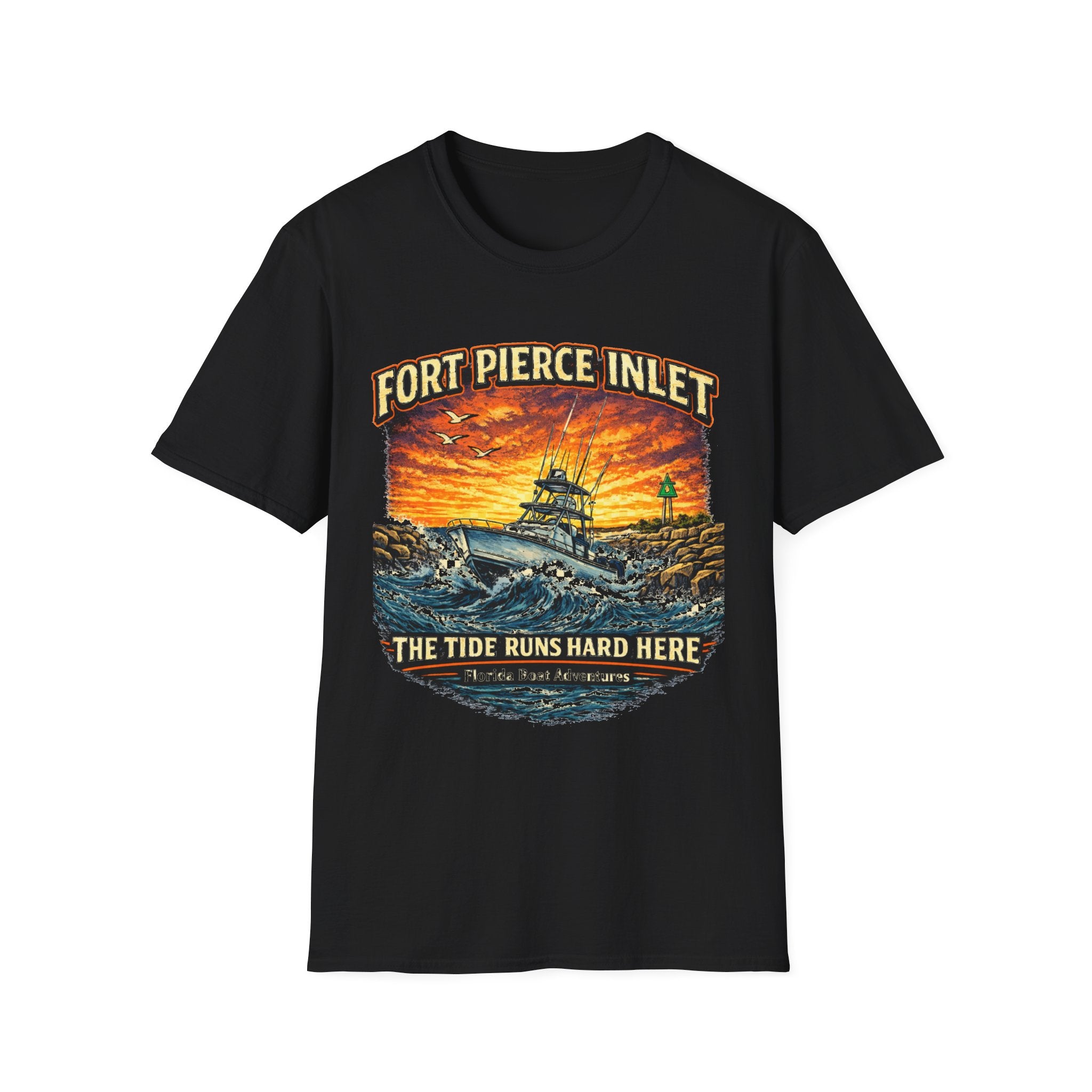 Fort Pierce Inlet Respect the Current Tee | Treasure Coast Florida Boating & Fishing Shirt for Men | Gildan 6400 T-Shirt