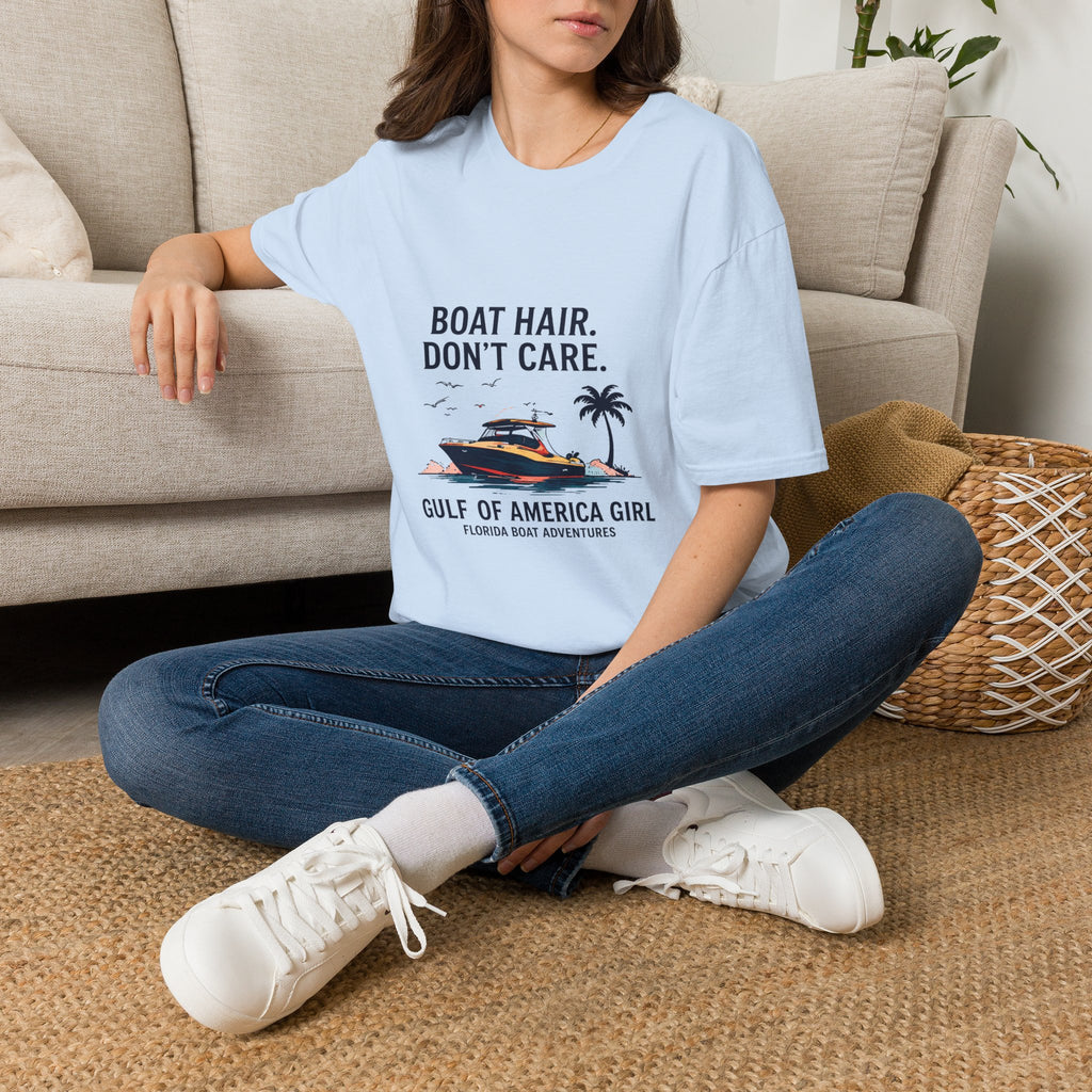 Boat Hair Don't Care Tee | Gulf of America Girl | Florida Boat Adventures Boating Shirt for Women | Gildan 6400 T-Shirt