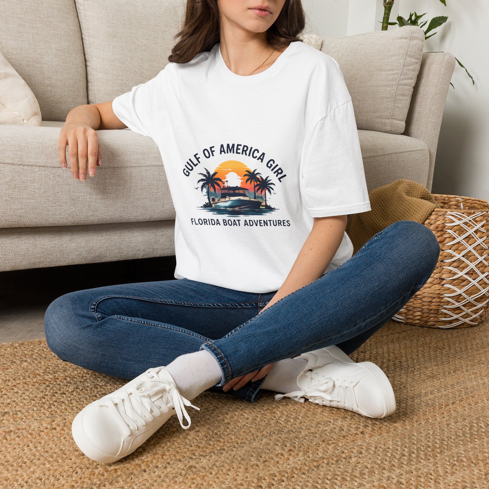 Gulf of America Girl Sunset Tee | Florida Boat Adventures Boating Shirt for Women | Gildan 6400 T-Shirt