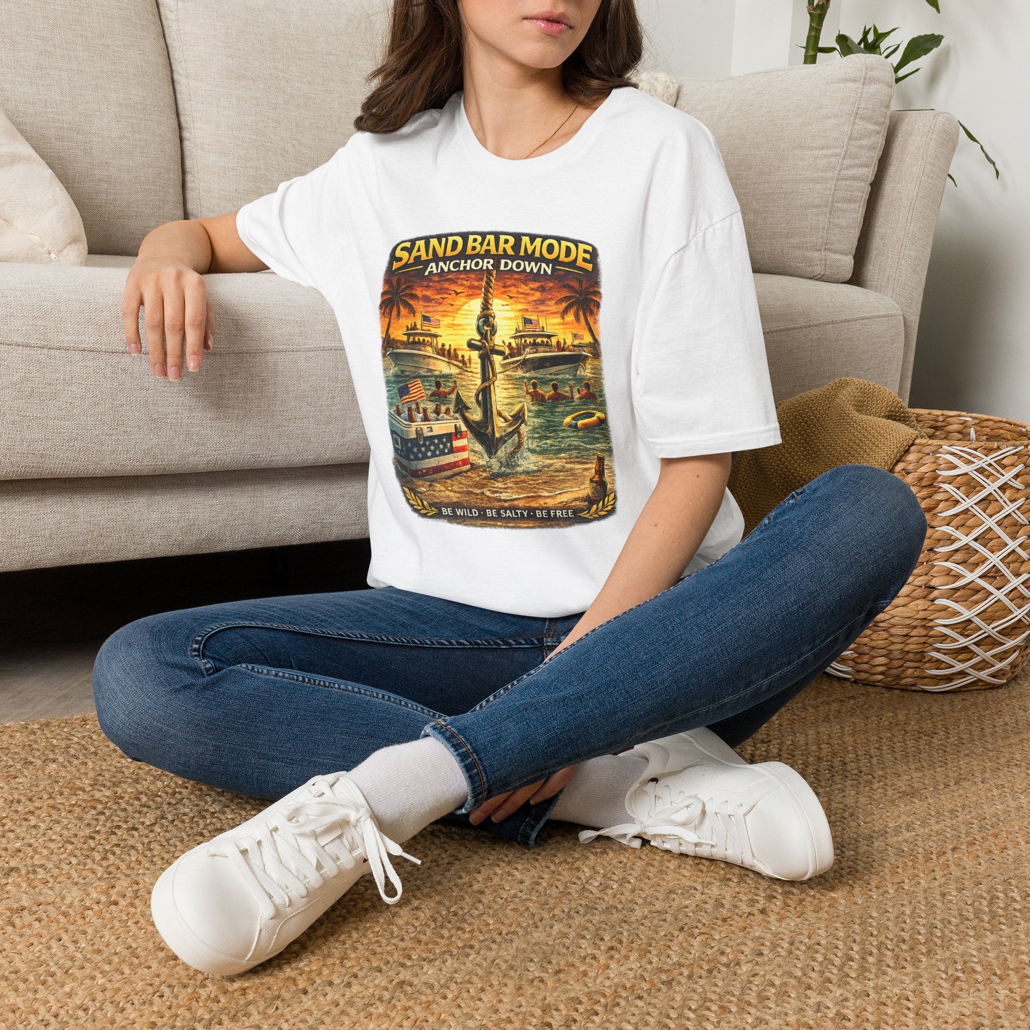 Anchor Down Sandbar Mode Tee | Funny Florida Boating & Sandbar Life Shirt for Men | Gildan 6400 T-Shirt