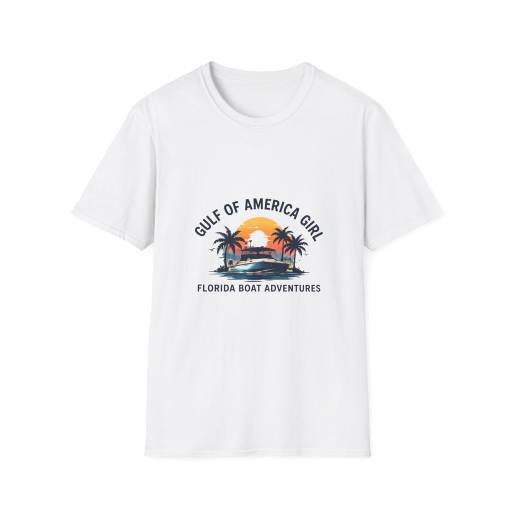 Gulf of America Girl Sunset Tee | Florida Boat Adventures Boating Shirt for Women | Gildan 6400 T-Shirt