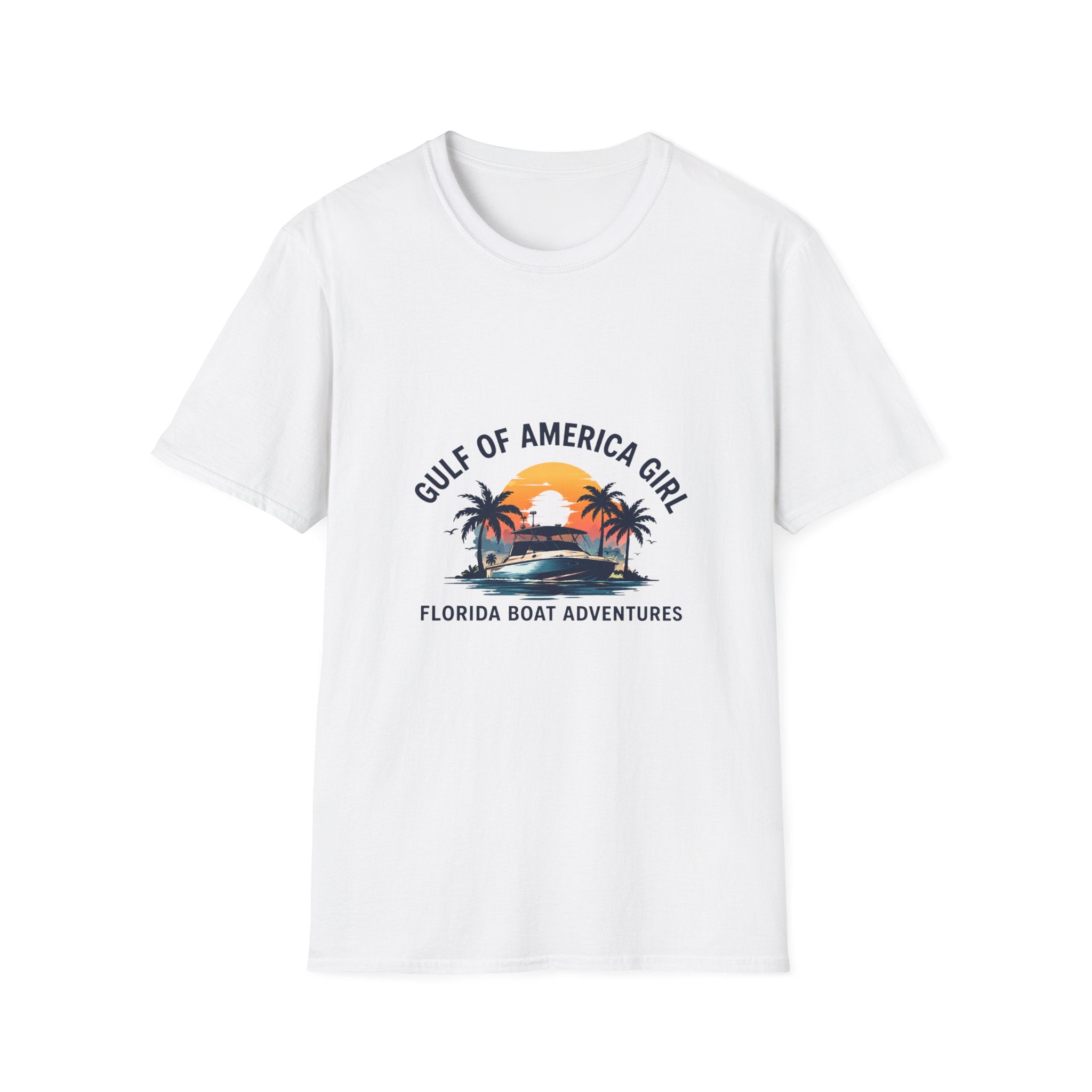 Gulf of America Girl Sunset Tee | Florida Boat Adventures Boating Shirt for Women | Gildan 6400 T-Shirt