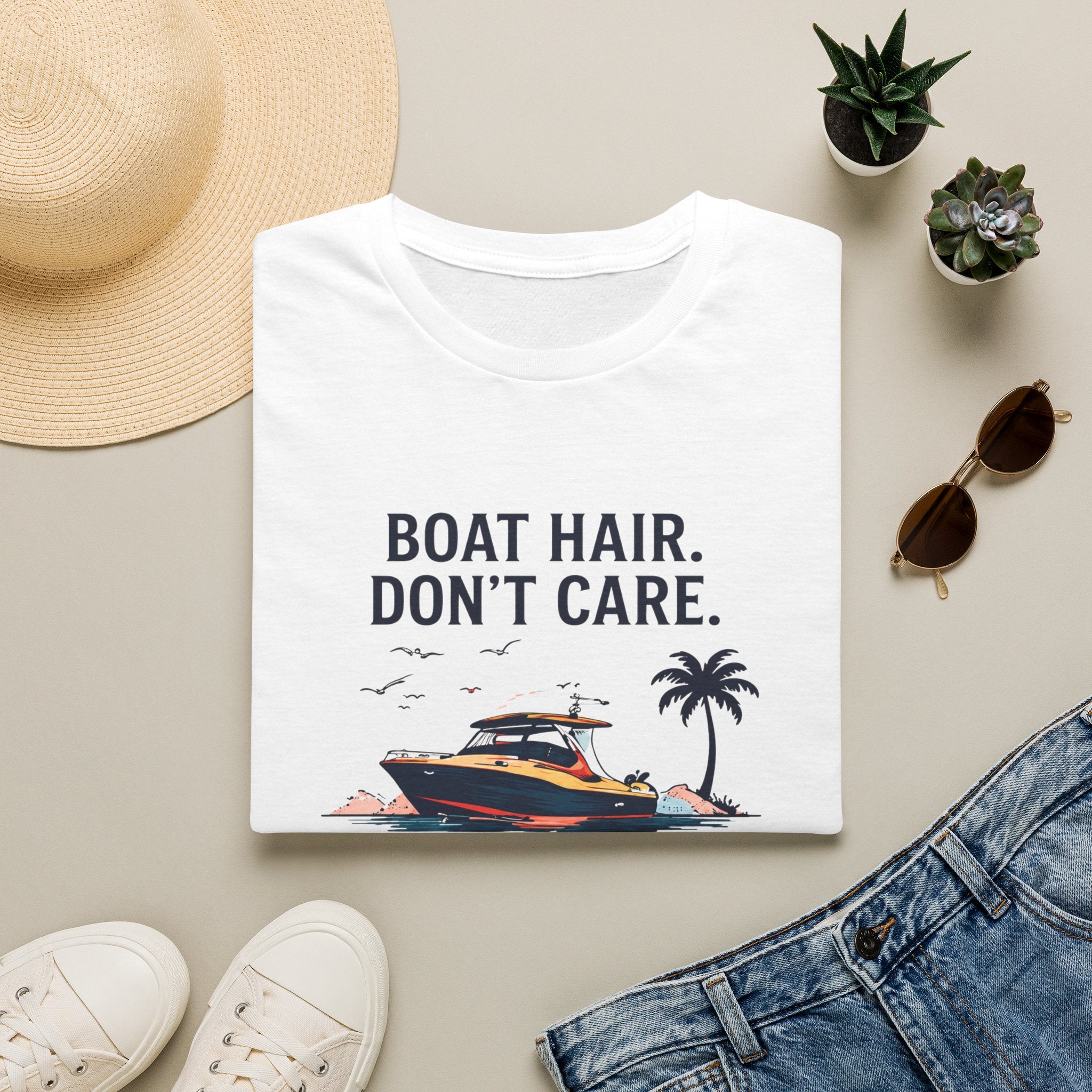 Boat Hair Don't Care Tee | Gulf of America Girl | Florida Boat Adventures Boating Shirt for Women | Gildan 6400 T-Shirt