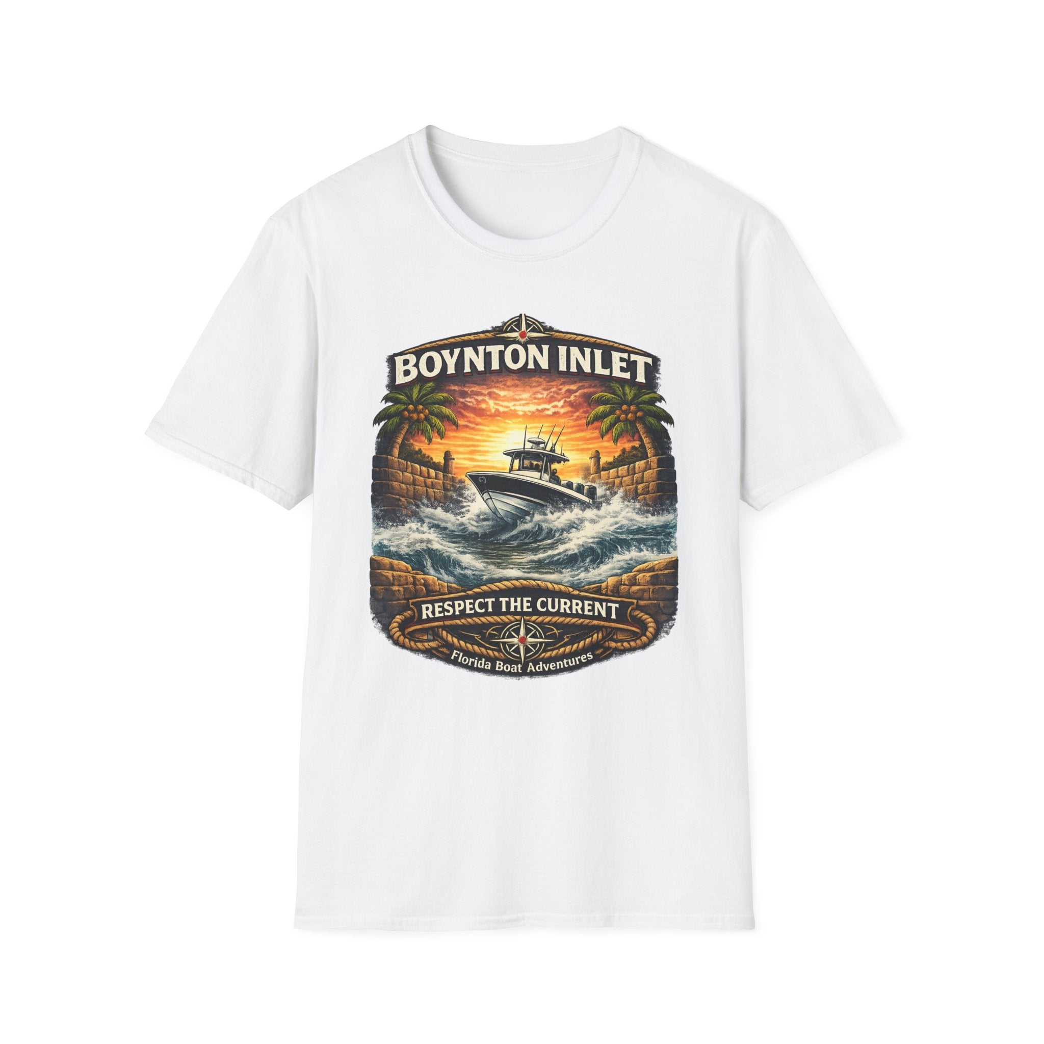 Boynton Inlet Respect the Current Tee | Boynton Beach Florida Boating & Offshore Fishing Shirt for Men | Gildan 6400 T-Shirt