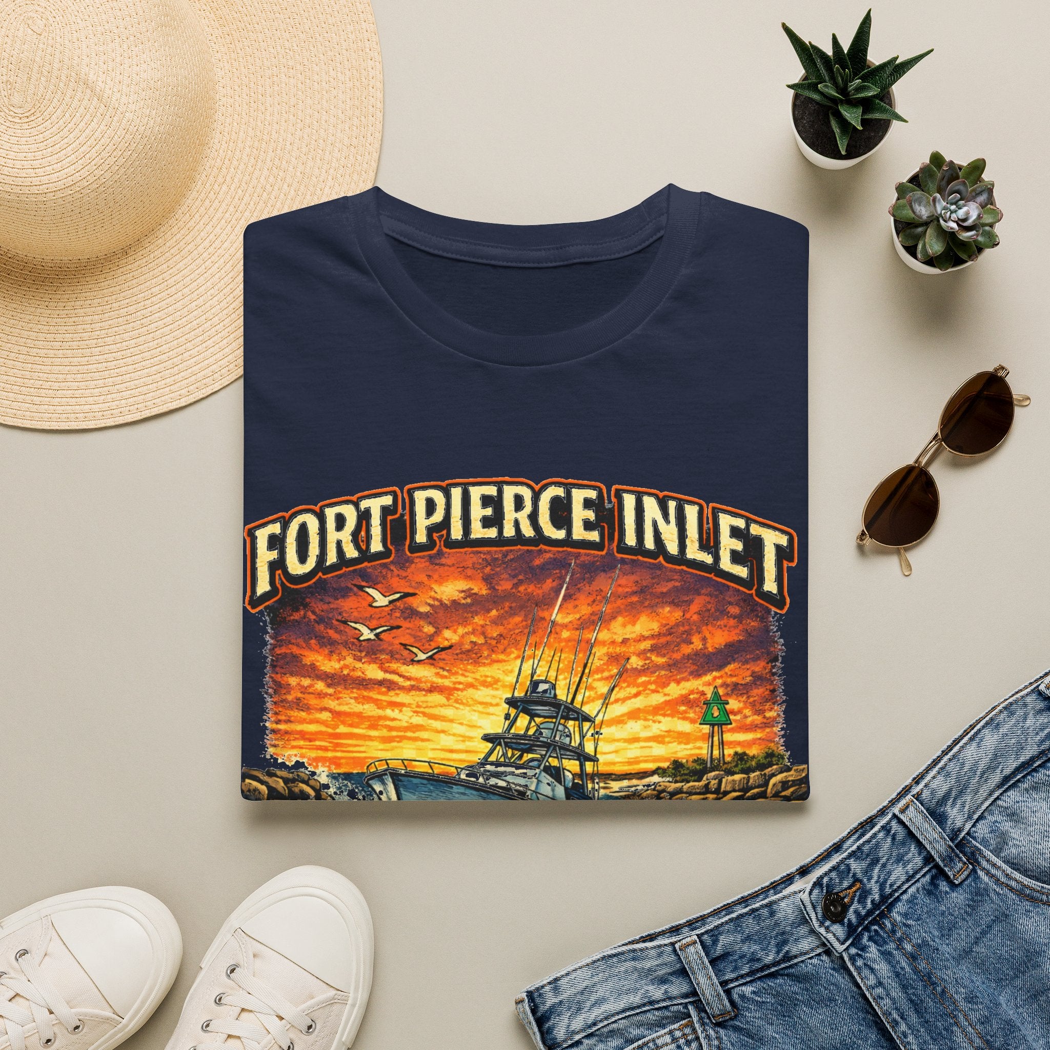 Fort Pierce Inlet Respect the Current Tee | Treasure Coast Florida Boating & Fishing Shirt for Men | Gildan 6400 T-Shirt