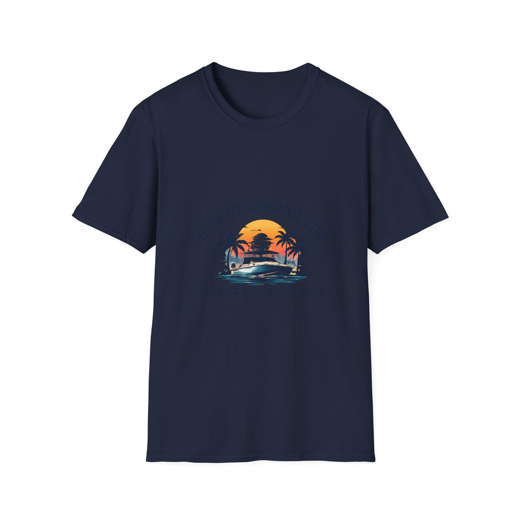 Gulf of America Girl Sunset Tee | Florida Boat Adventures Boating Shirt for Women | Gildan 6400 T-Shirt