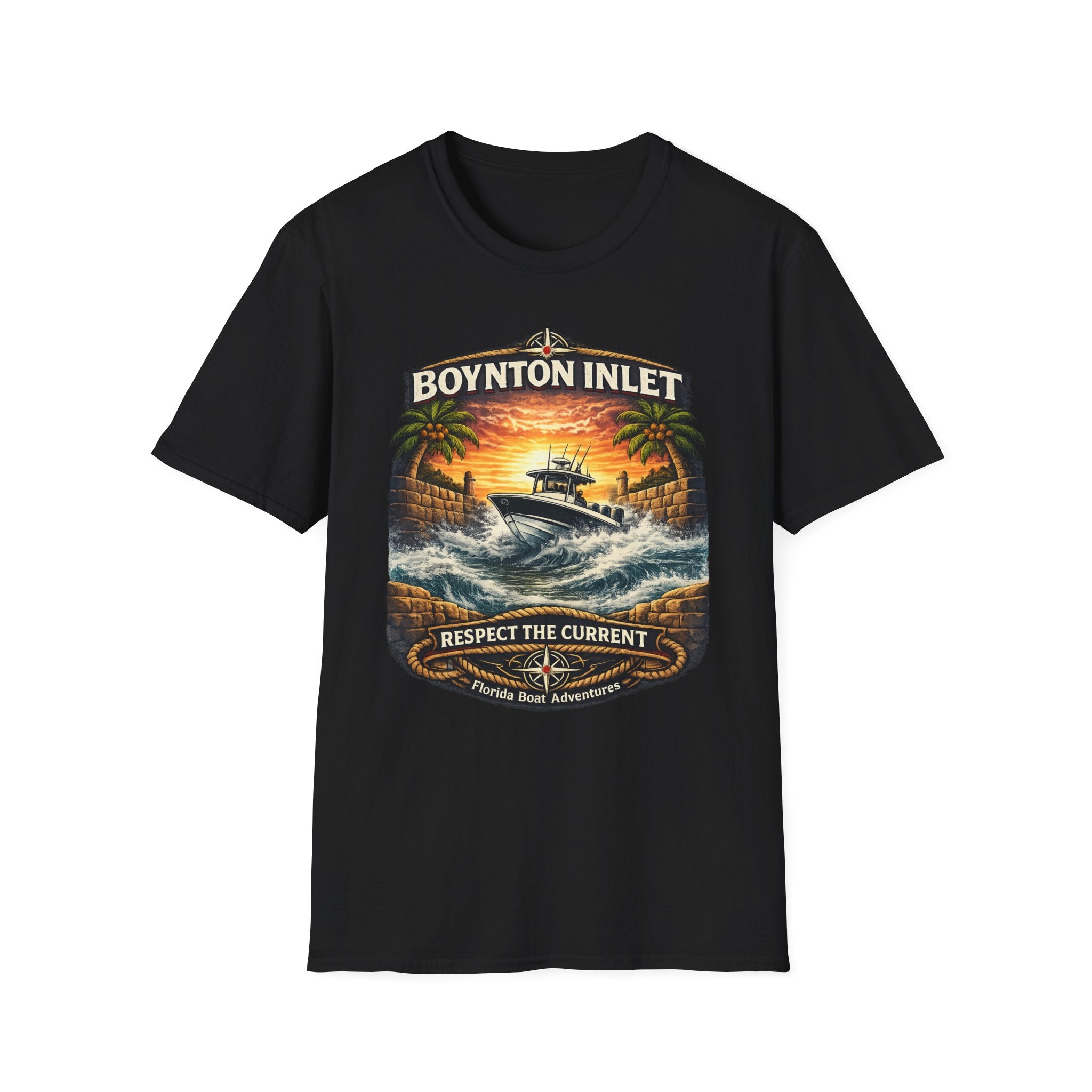 Boynton Inlet Respect the Current Tee | Boynton Beach Florida Boating & Offshore Fishing Shirt for Men | Gildan 6400 T-Shirt