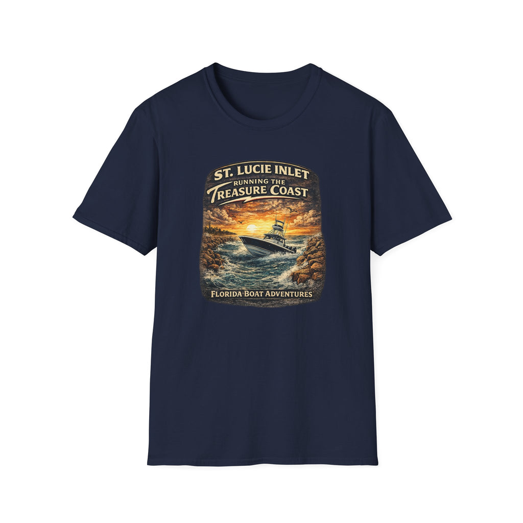 St. Lucie Inlet Adventure Begins Tee | Stuart Florida Boating & Offshore Fishing Shirt for Men | Gildan 6400 T-Shirt