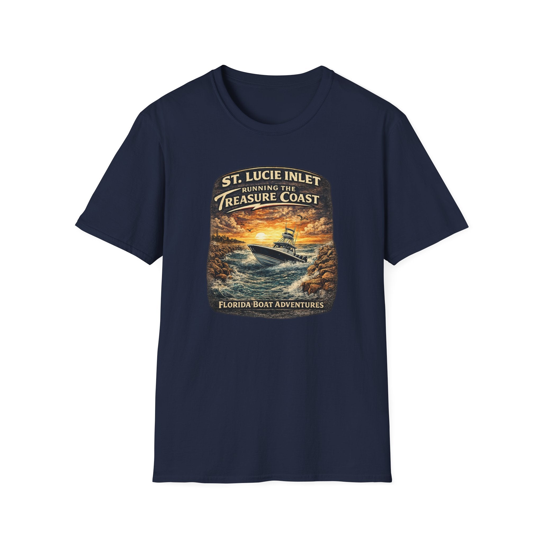 St. Lucie Inlet Adventure Begins Tee | Stuart Florida Boating & Offshore Fishing Shirt for Men | Gildan 6400 T-Shirt