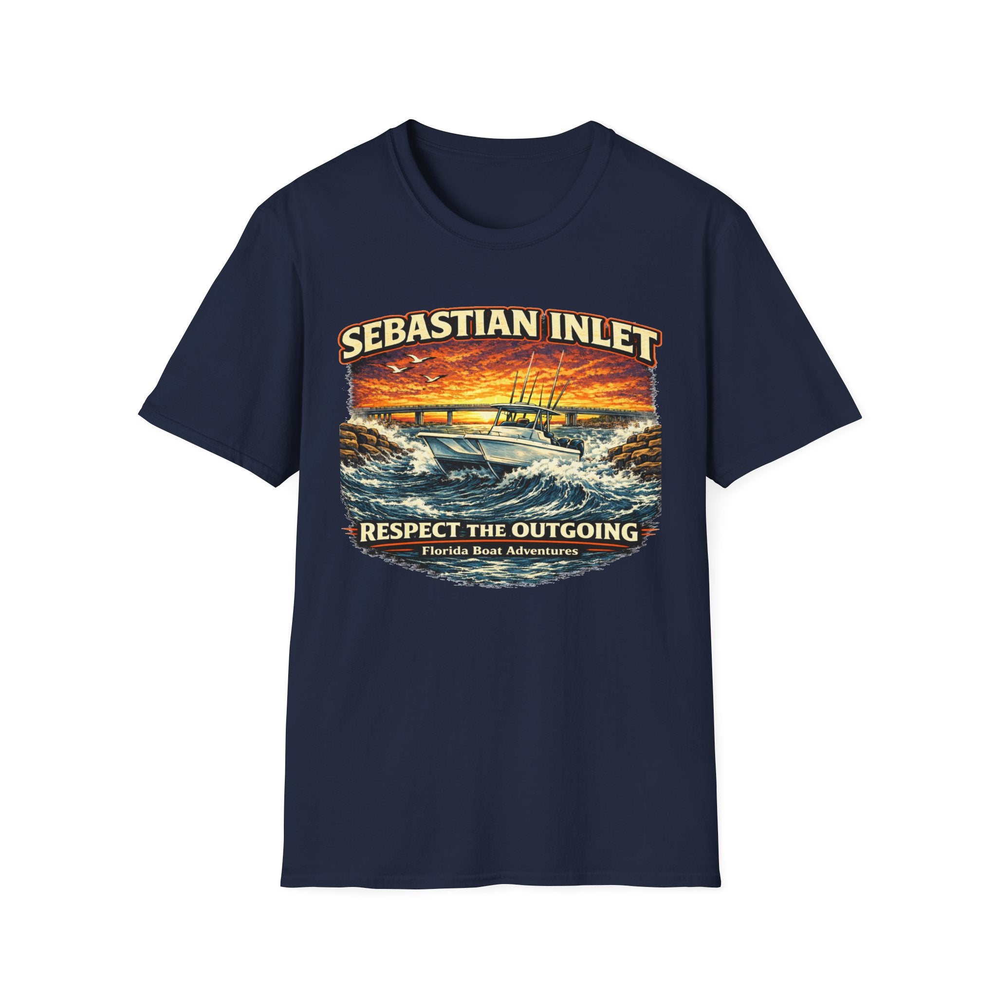 Sebastian Inlet Respect the Outgoing Tee | Florida Fishing & Boating Shirt for Men | Gildan 6400 Space Coast T-Shirt
