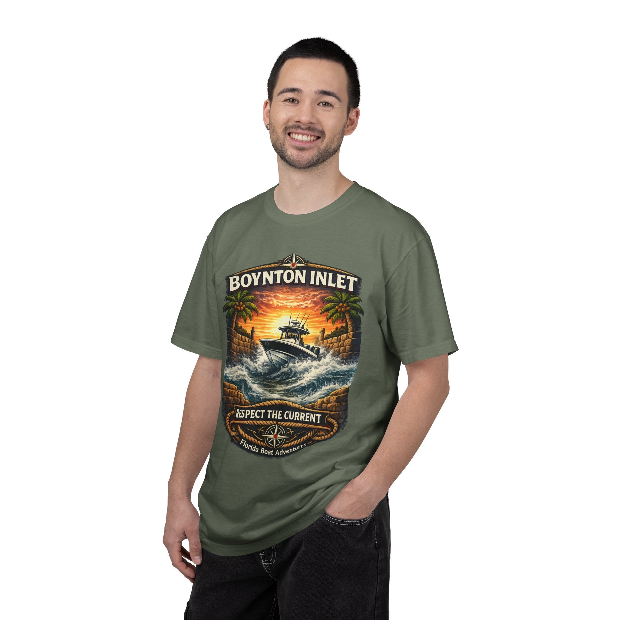 Boynton Inlet Respect the Current Tee | Boynton Beach Florida Boating & Offshore Fishing Shirt for Men | Comfort Colors 1717 Inlet Captain T-Shirt