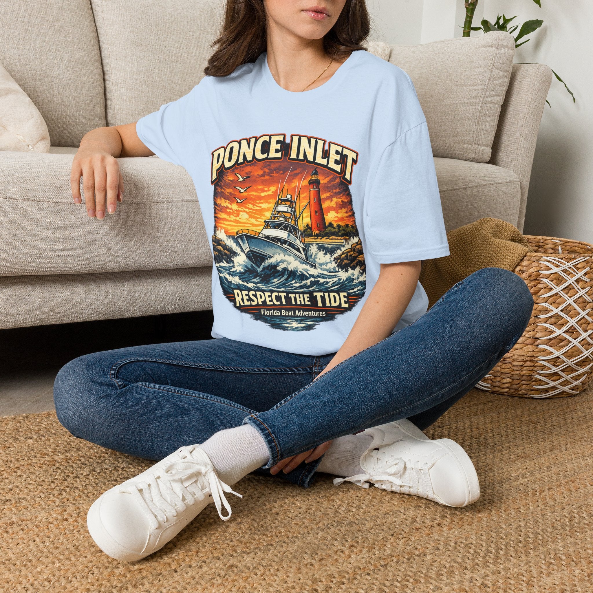 Ponce Inlet Respect the Tide Tee | Daytona Beach & New Smyrna Boating Shirt for Men | Gildan 6400 Florida T-Shirt