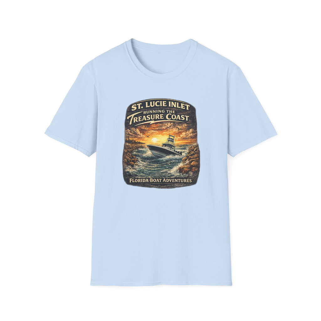 St. Lucie Inlet Adventure Begins Tee | Stuart Florida Boating & Offshore Fishing Shirt for Men | Gildan 6400 T-Shirt