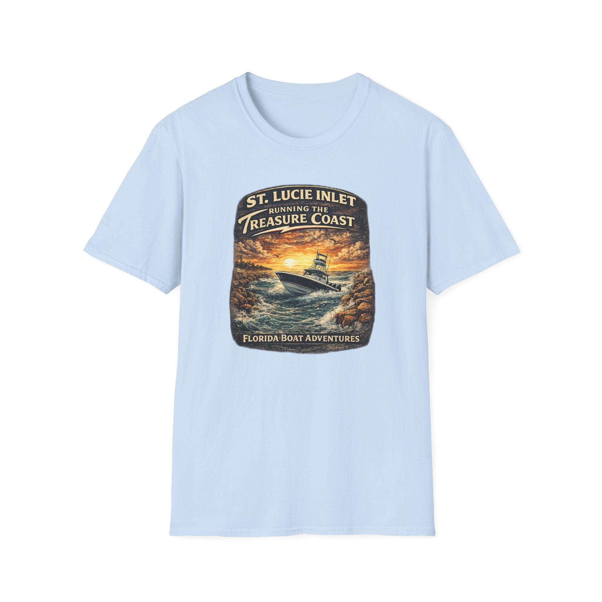 St. Lucie Inlet Adventure Begins Tee | Stuart Florida Boating & Offshore Fishing Shirt for Men | Gildan 6400 T-Shirt