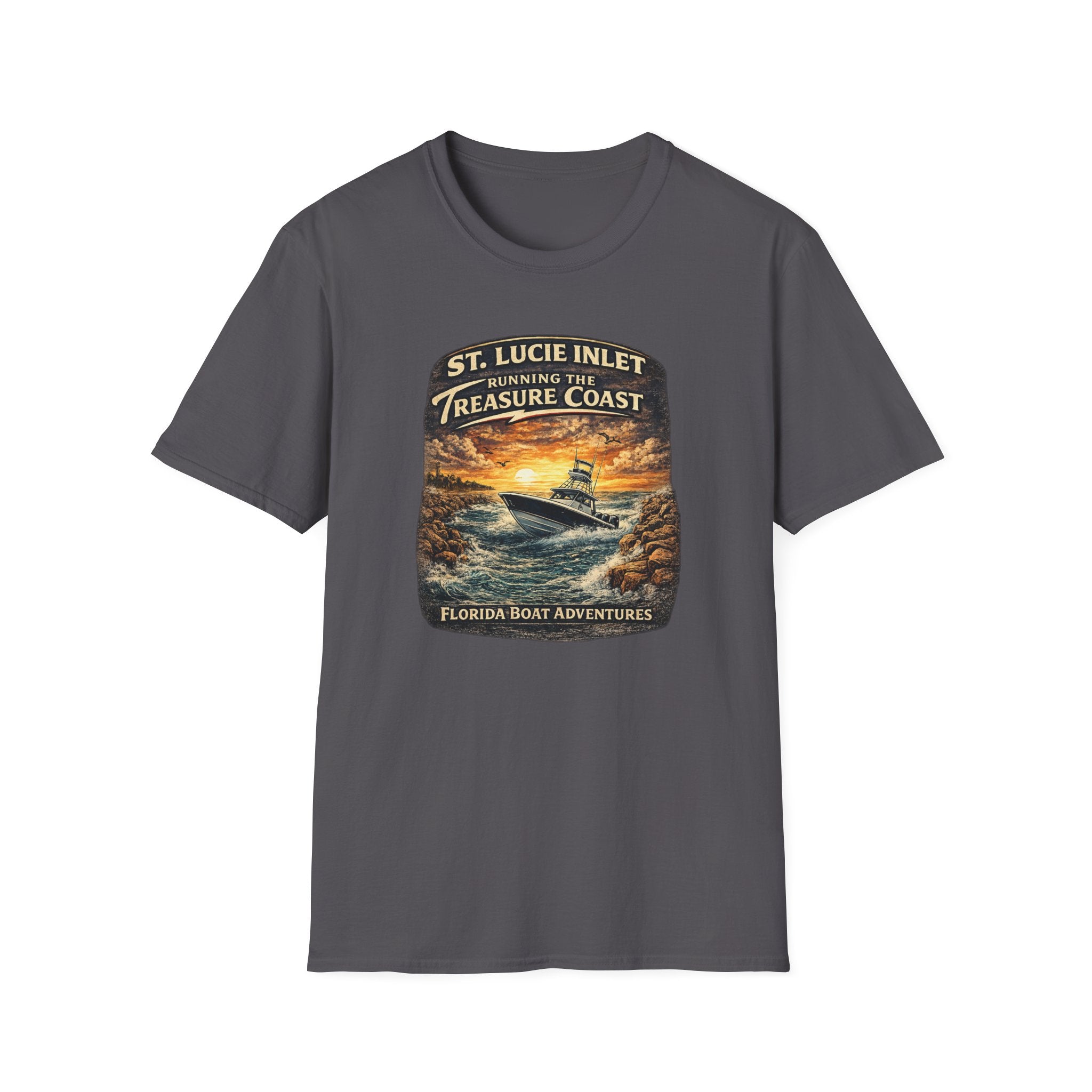 St. Lucie Inlet Adventure Begins Tee | Stuart Florida Boating & Offshore Fishing Shirt for Men | Gildan 6400 T-Shirt