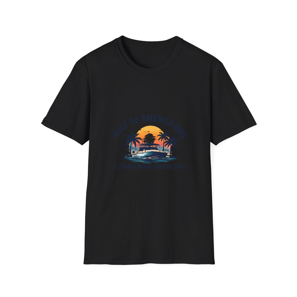 Gulf of America Girl Sunset Tee | Florida Boat Adventures Boating Shirt for Women | Gildan 6400 T-Shirt