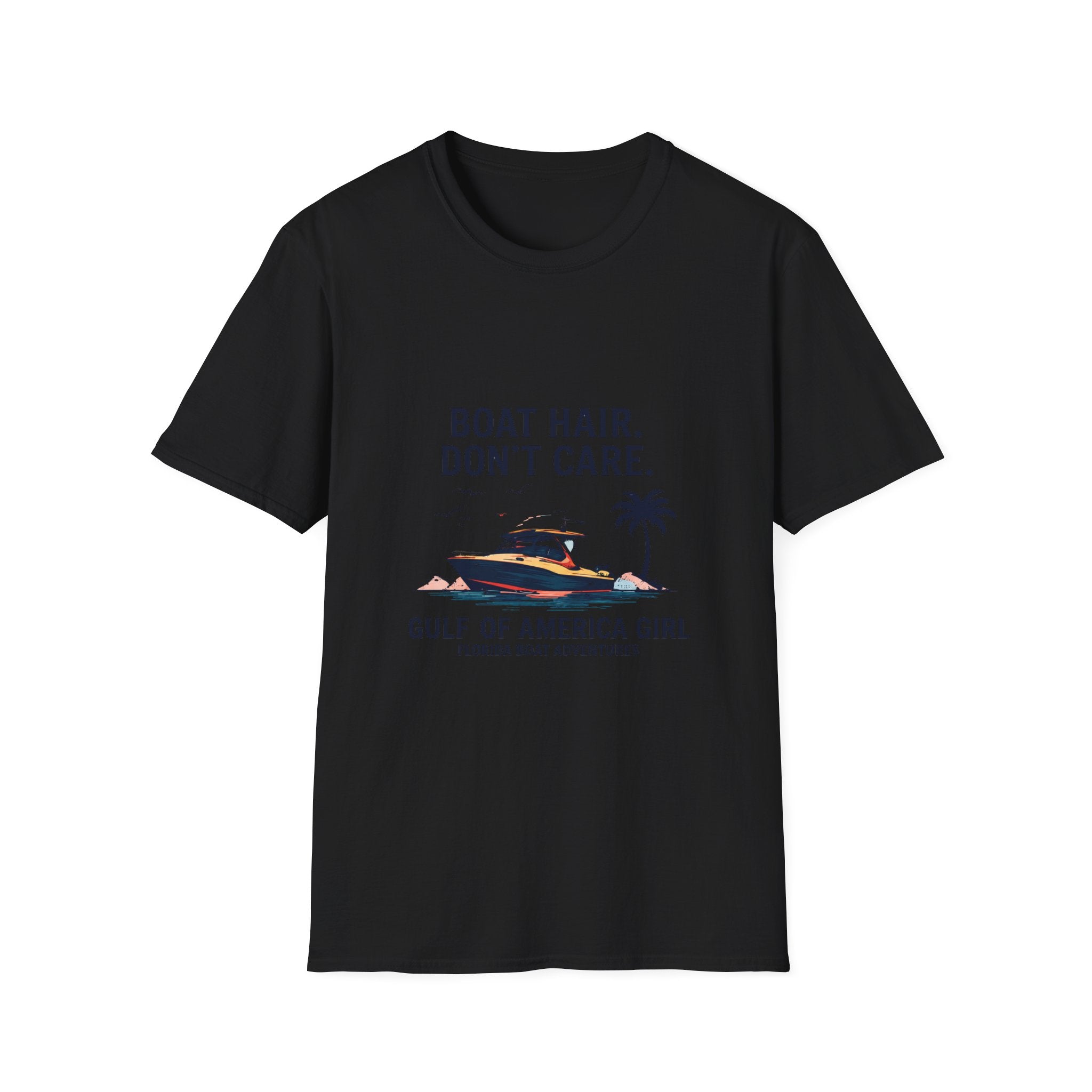 Boat Hair Don't Care Tee | Gulf of America Girl | Florida Boat Adventures Boating Shirt for Women | Gildan 6400 T-Shirt