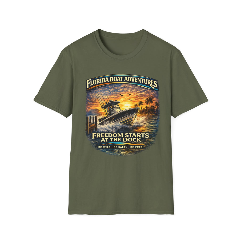 Freedom Starts at the Dock Tee | Florida Boating Lifestyle & Offshore Fishing Shirt for Men | Gildan 6400 T-Shirt